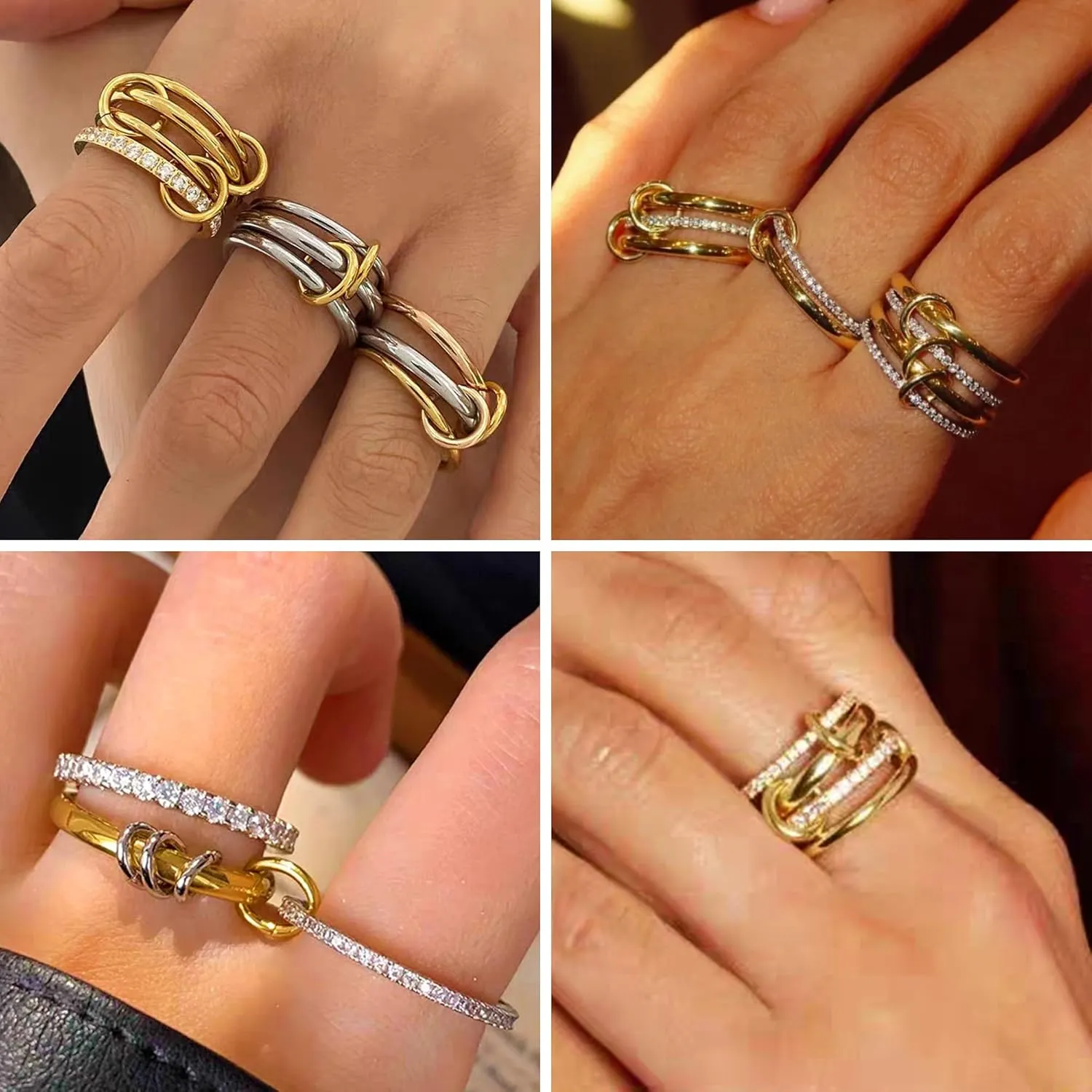 Gold Silver Stackable Rings for Women Non Tarnish 18k Gold Plated Cubic Zirconia Ring Two-Toned Mixed Metals Stack Interlocking Multi-Link Connected Thumb Rings Jewelry Gift Size 6-10