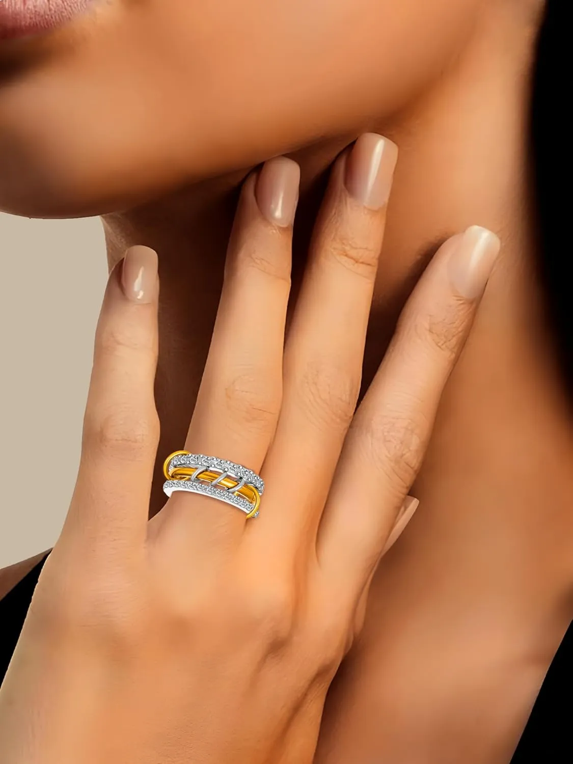 Gold Silver Stackable Rings for Women Non Tarnish 18k Gold Plated Cubic Zirconia Ring Two-Toned Mixed Metals Stack Interlocking Multi-Link Connected Thumb Rings Jewelry Gift Size 6-10