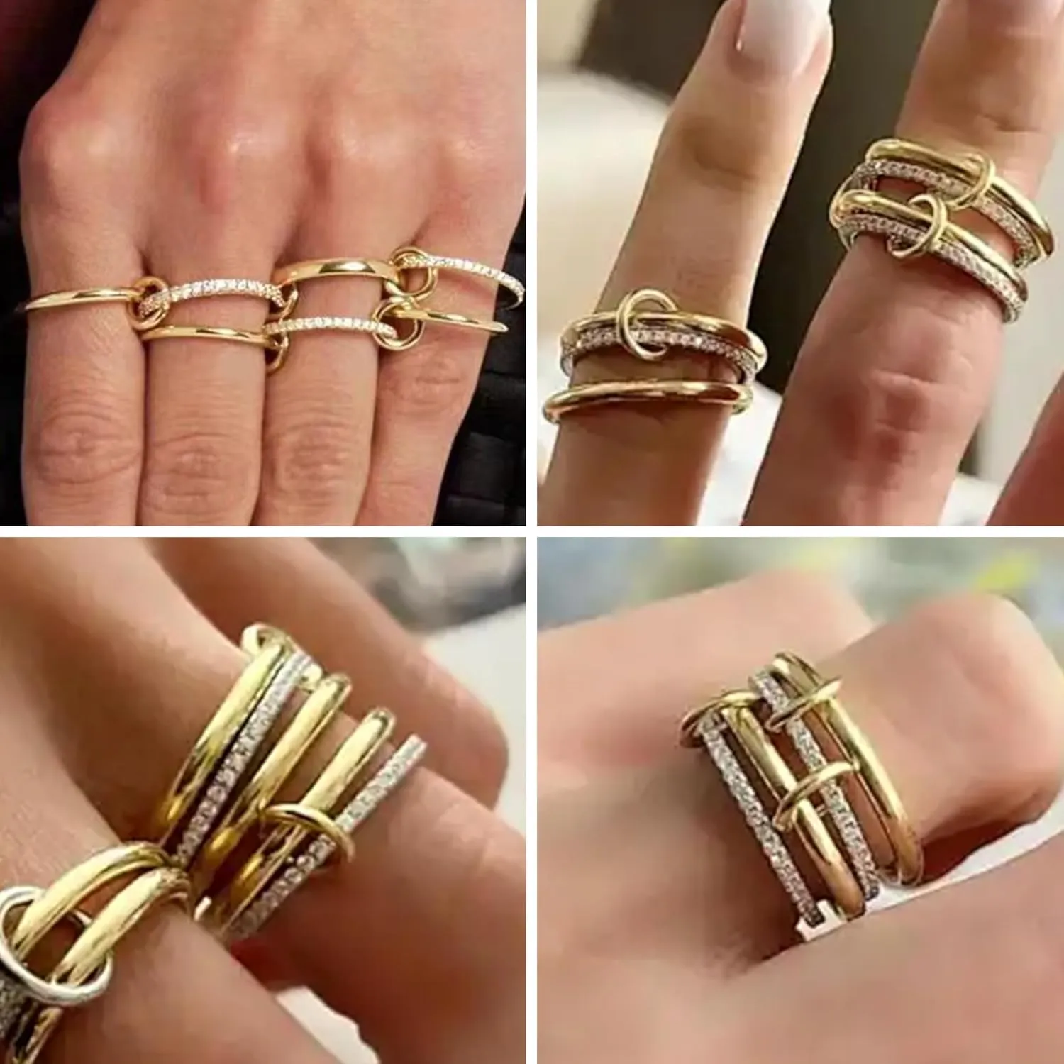 Gold Silver Stackable Rings for Women Non Tarnish 18k Gold Plated Cubic Zirconia Ring Two-Toned Mixed Metals Stack Interlocking Multi-Link Connected Thumb Rings Jewelry Gift Size 6-10
