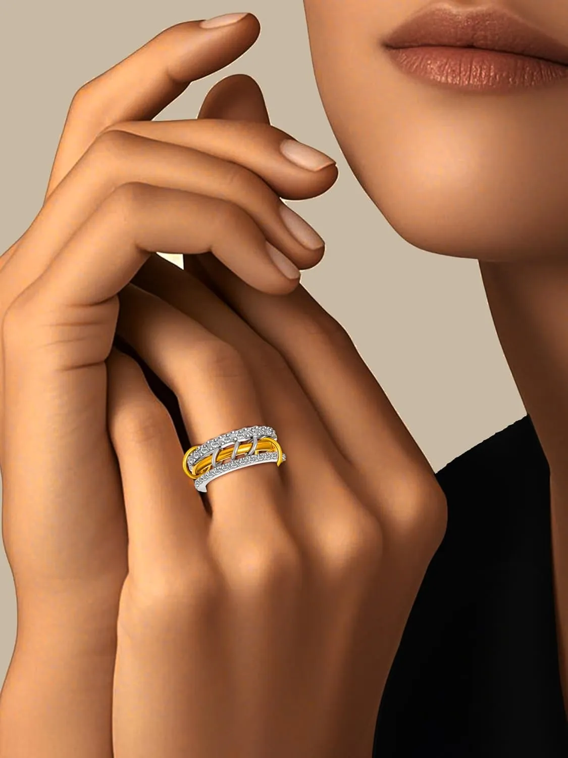 Gold Silver Stackable Rings for Women Non Tarnish 18k Gold Plated Cubic Zirconia Ring Two-Toned Mixed Metals Stack Interlocking Multi-Link Connected Thumb Rings Jewelry Gift Size 6-10