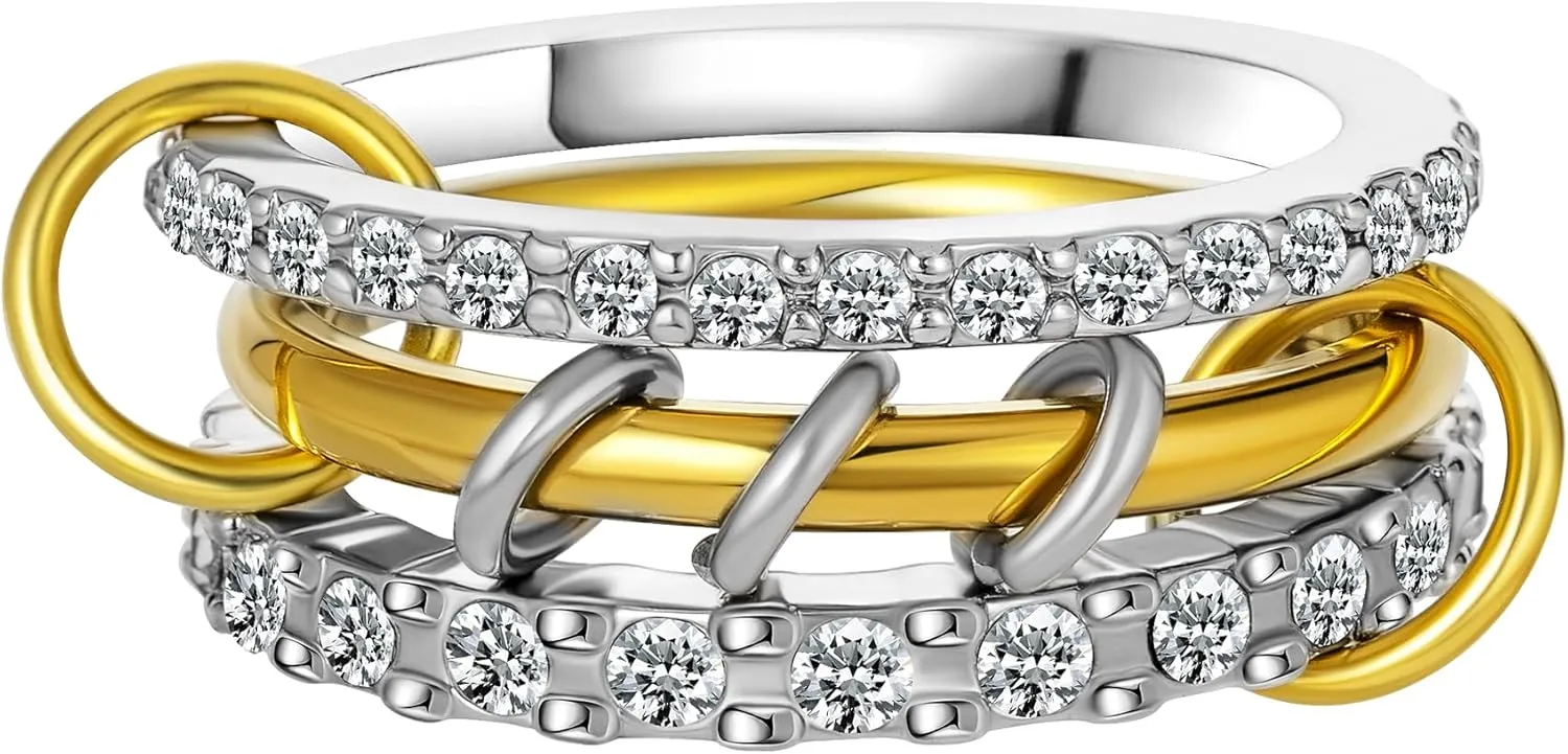 Gold Silver Stackable Rings for Women Non Tarnish 18k Gold Plated Cubic Zirconia Ring Two-Toned Mixed Metals Stack Interlocking Multi-Link Connected Thumb Rings Jewelry Gift Size 6-10