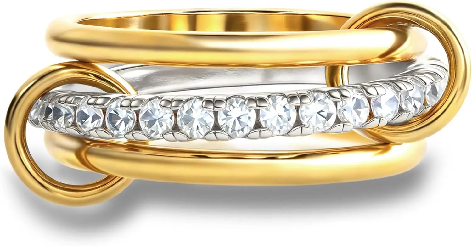Gold Silver Stackable Rings for Women Non Tarnish, Interlocked Mixed Metals Stack Rings Set, 18k Gold Plated Cubic Zirconia Statement Rings