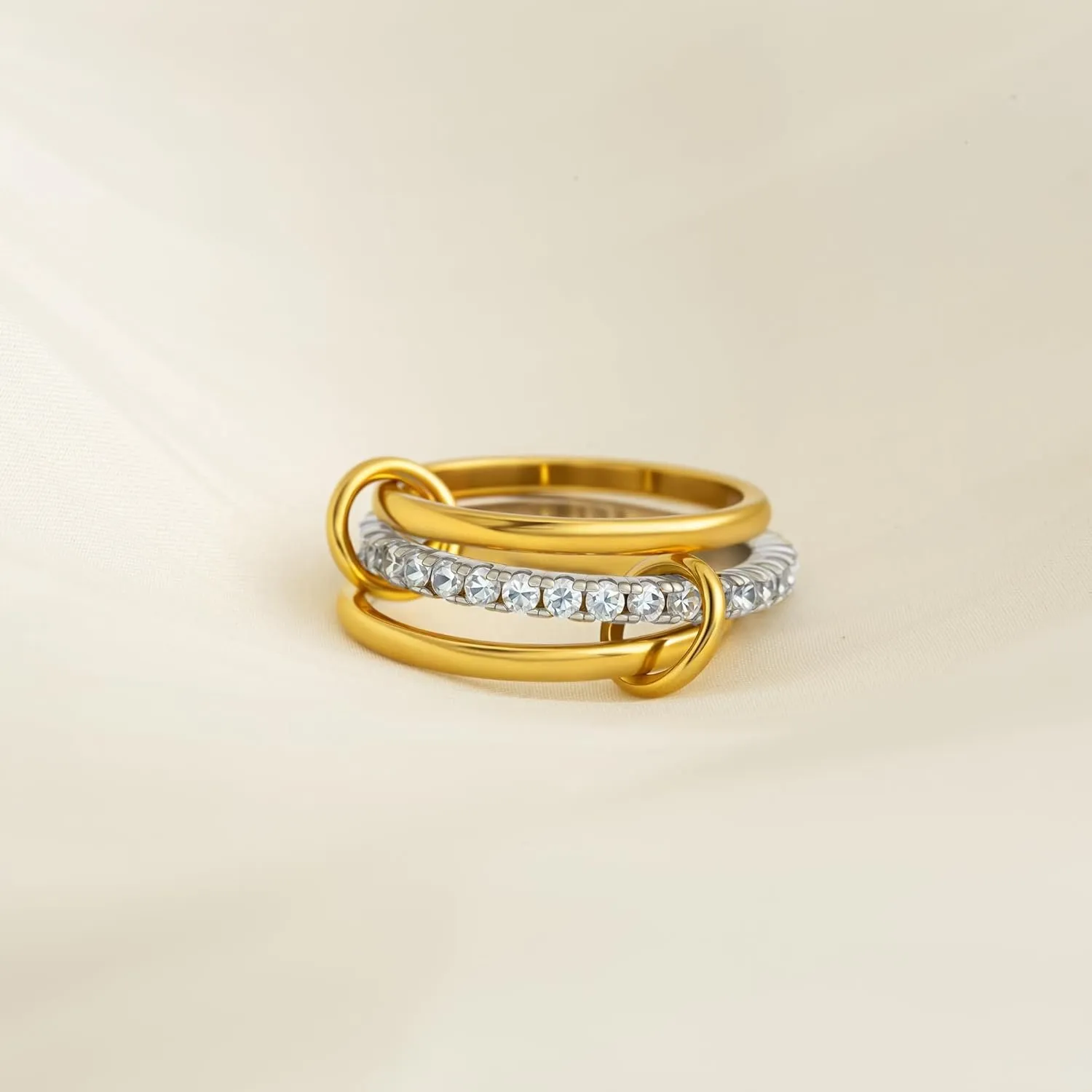 Gold Silver Stackable Rings for Women Non Tarnish, Interlocked Mixed Metals Stack Rings Set, 18k Gold Plated Cubic Zirconia Statement Rings