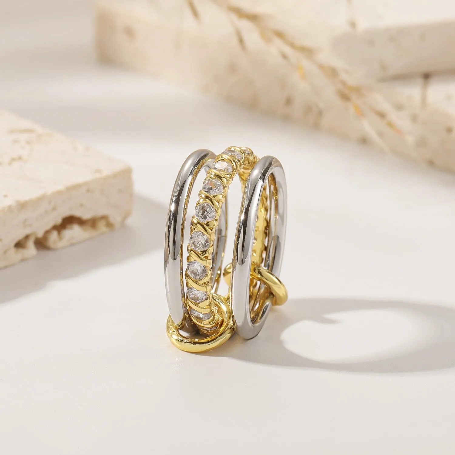 Gold Stackable Rings for Women CZ Wedding Band Rings 18k Gold Plated Cubic Zirconia Rings, Silver Gold Multi Ring Mixed Metals Stack Rings Set