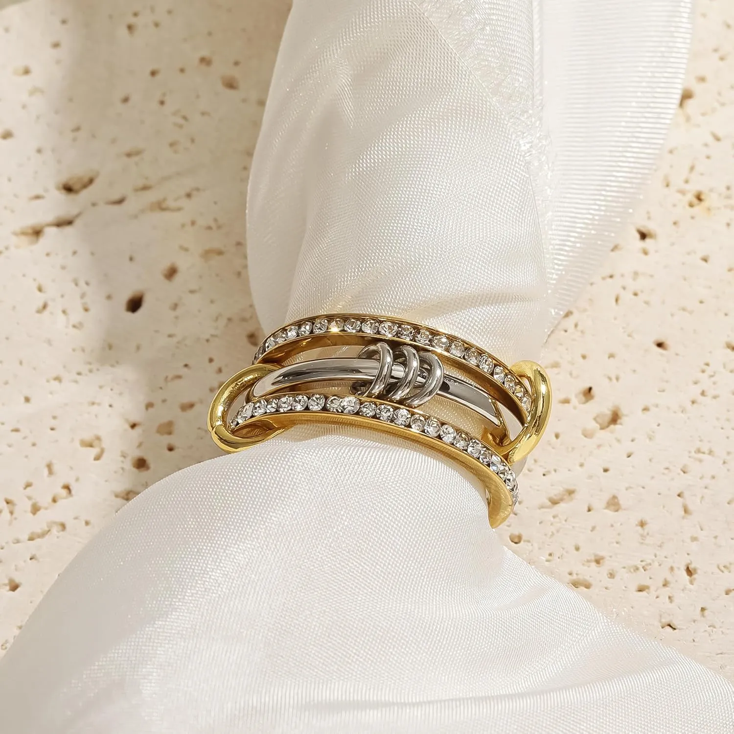 Gold Stackable Rings for Women Non Tarnish 18k Gold Plated Cubic Zirconia Rings Statement Multi Ring Mixed Metals Stack Jewelry Gifts