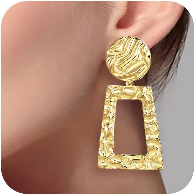 Hammered Geometric Clip On Earrings Women Dangle Silver Gold Clip Earrings Square Drop Earrings Retro Non Pierced Statement Earring Elegance Jewelry