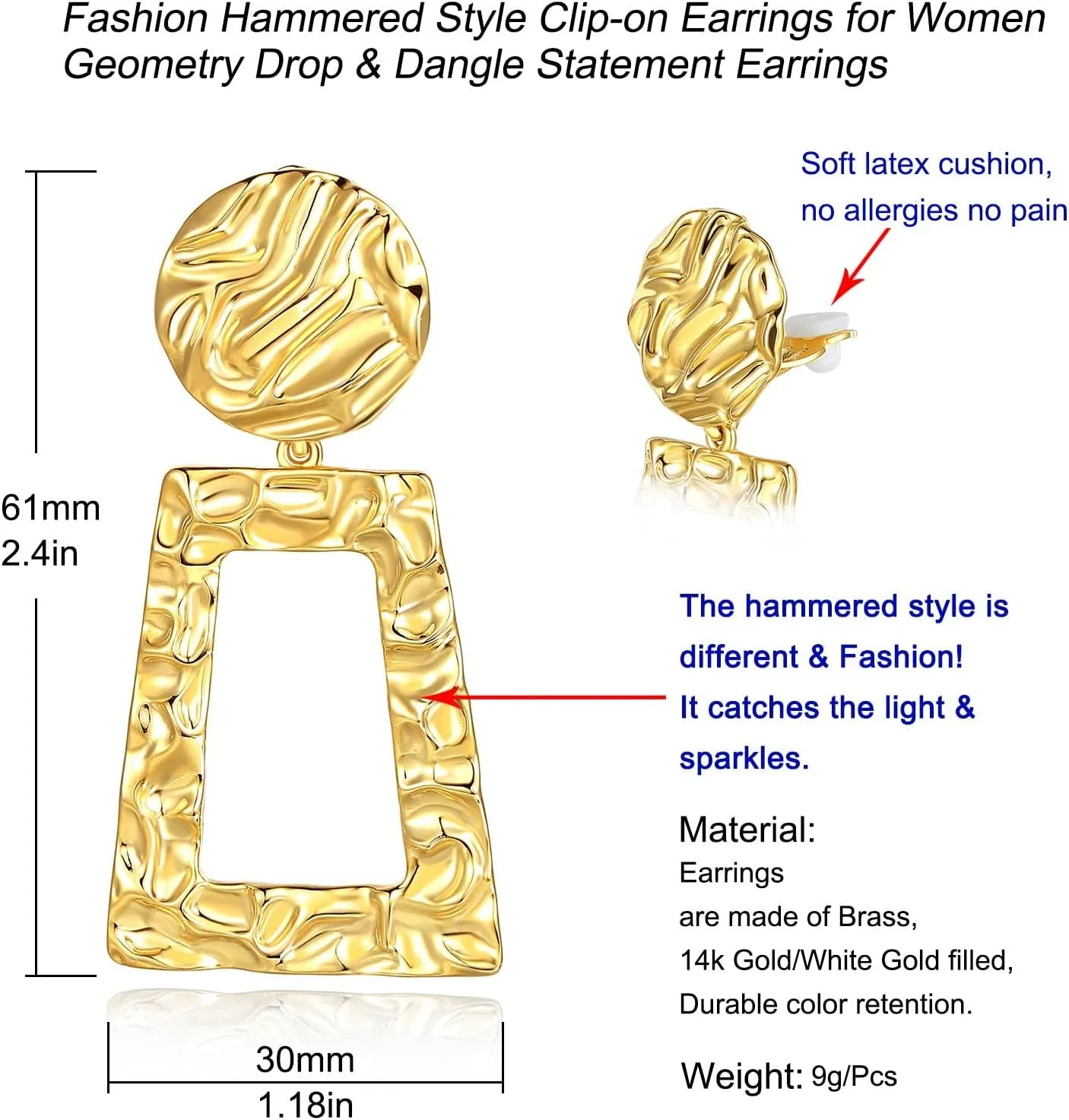 Hammered Geometric Clip On Earrings Women Dangle Silver Gold Clip Earrings Square Drop Earrings Retro Non Pierced Statement Earring Elegance Jewelry
