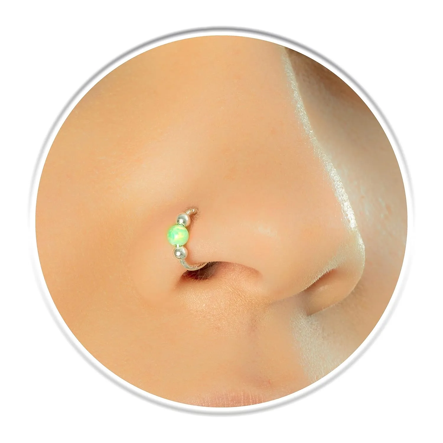 Hammered Nose Ring 925 Silver - 20G Silver Nose Ring Hoop Green Opal - Tiny Opal Nose Hoop For Women - Handmade Nose Rings