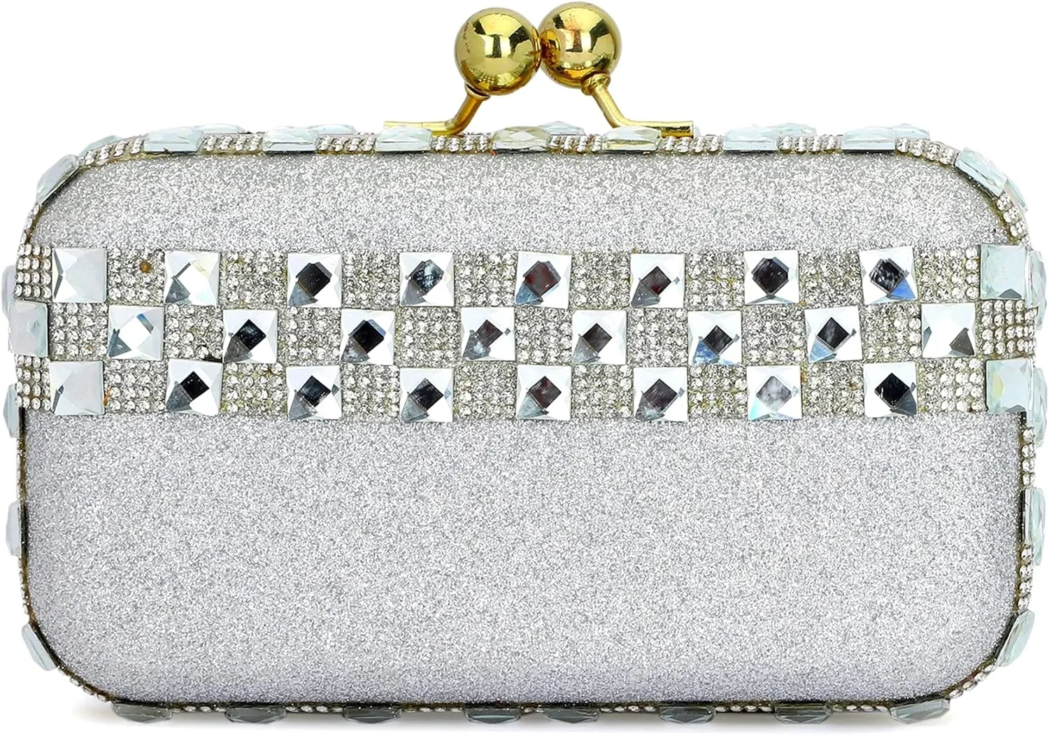 Handicraft Beautiful Bling Box Clutch Bag Purse For Bridal, Casual, Party, Wedding, Silver Crystal