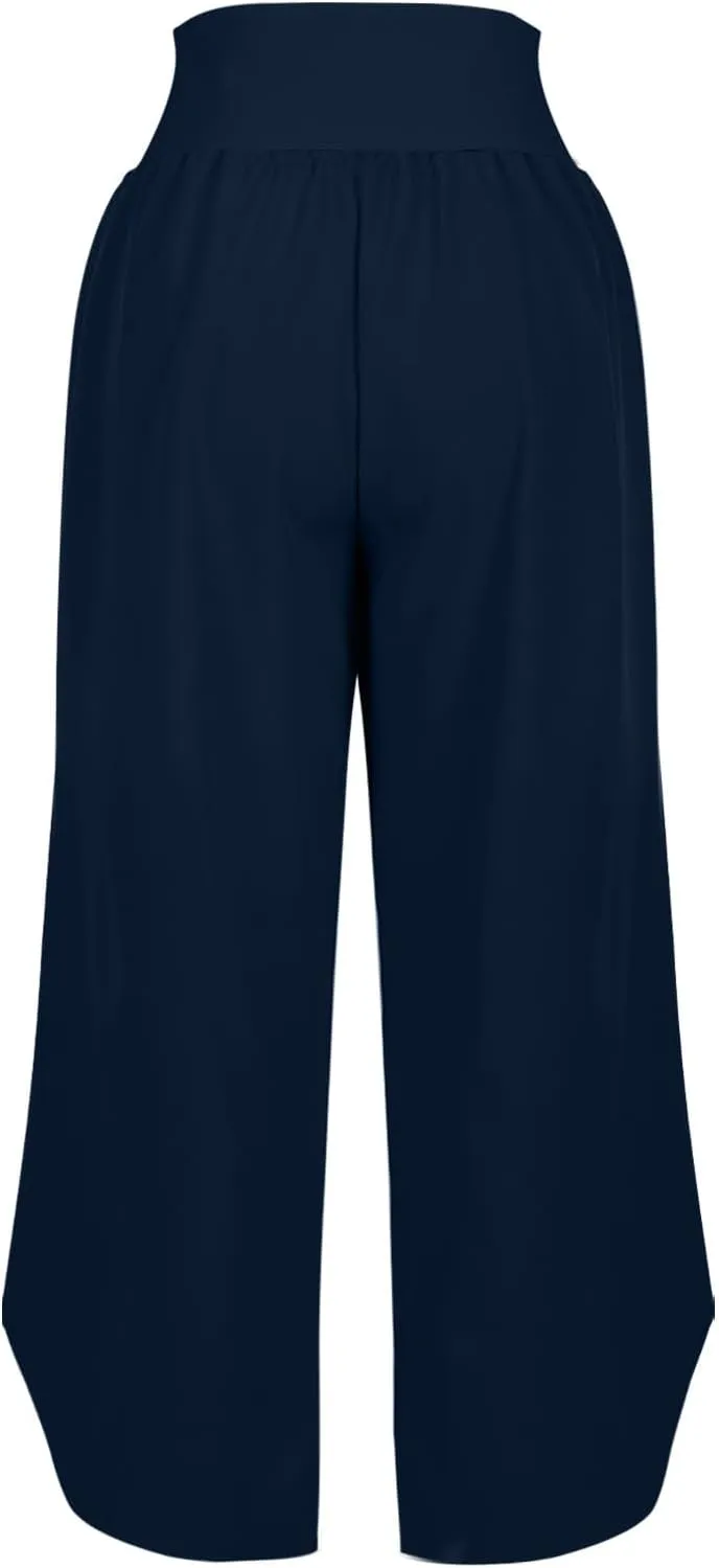 High Elastic Waisted Pants for Womens Plus Size Wide Leg Drawstring Yoga Pant Casual Loose Trousers with Pockets