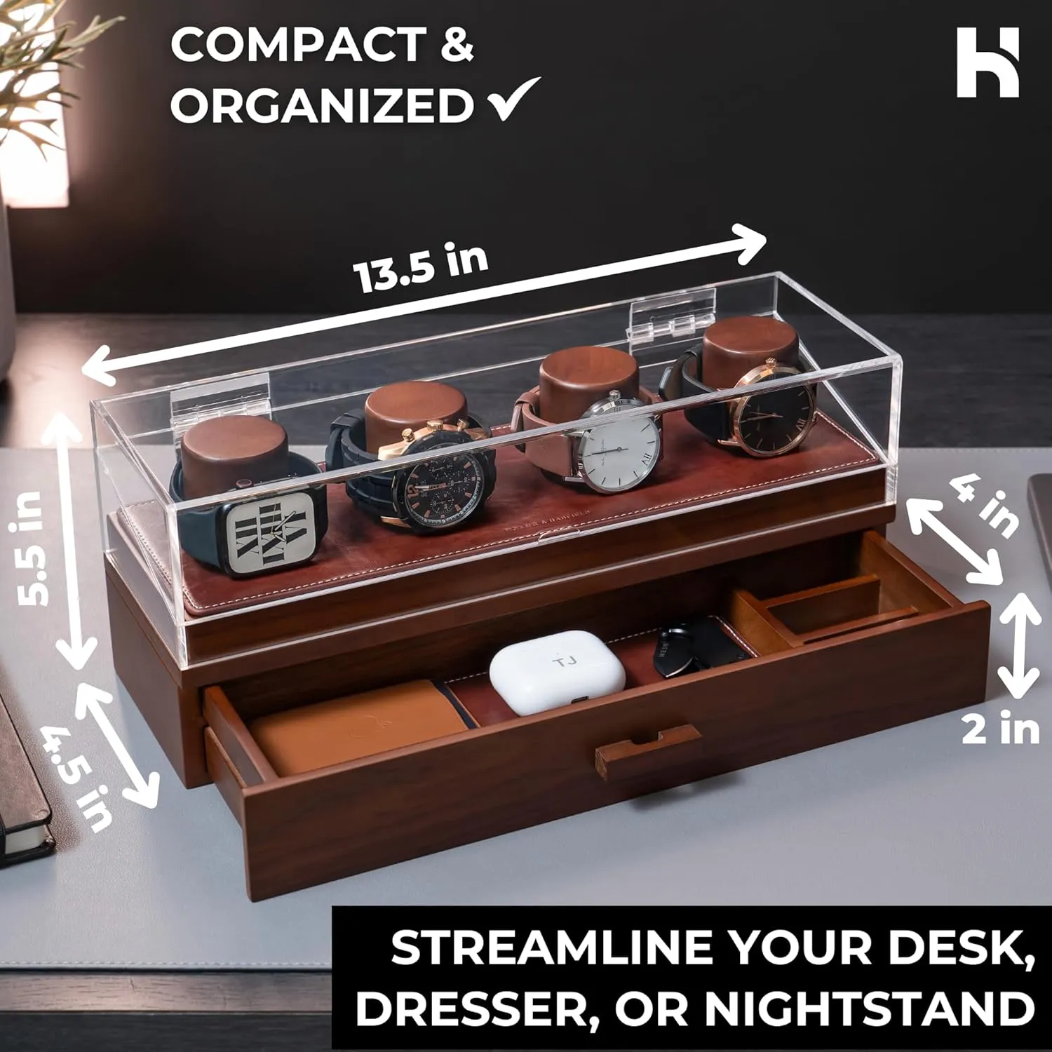 Holme & Hadfield Premium 4-Slot Wooden Watch Display Case  Handcrafted Mens Watch Box with Accessory Drawer, Hinged Cover, Leather Lining  Birthday Gift for Collectors  Luxury Built to Last