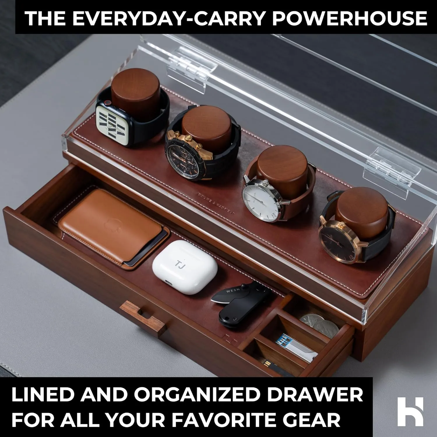 Holme & Hadfield Premium 4-Slot Wooden Watch Display Case  Handcrafted Mens Watch Box with Accessory Drawer, Hinged Cover, Leather Lining  Birthday Gift for Collectors  Luxury Built to Last