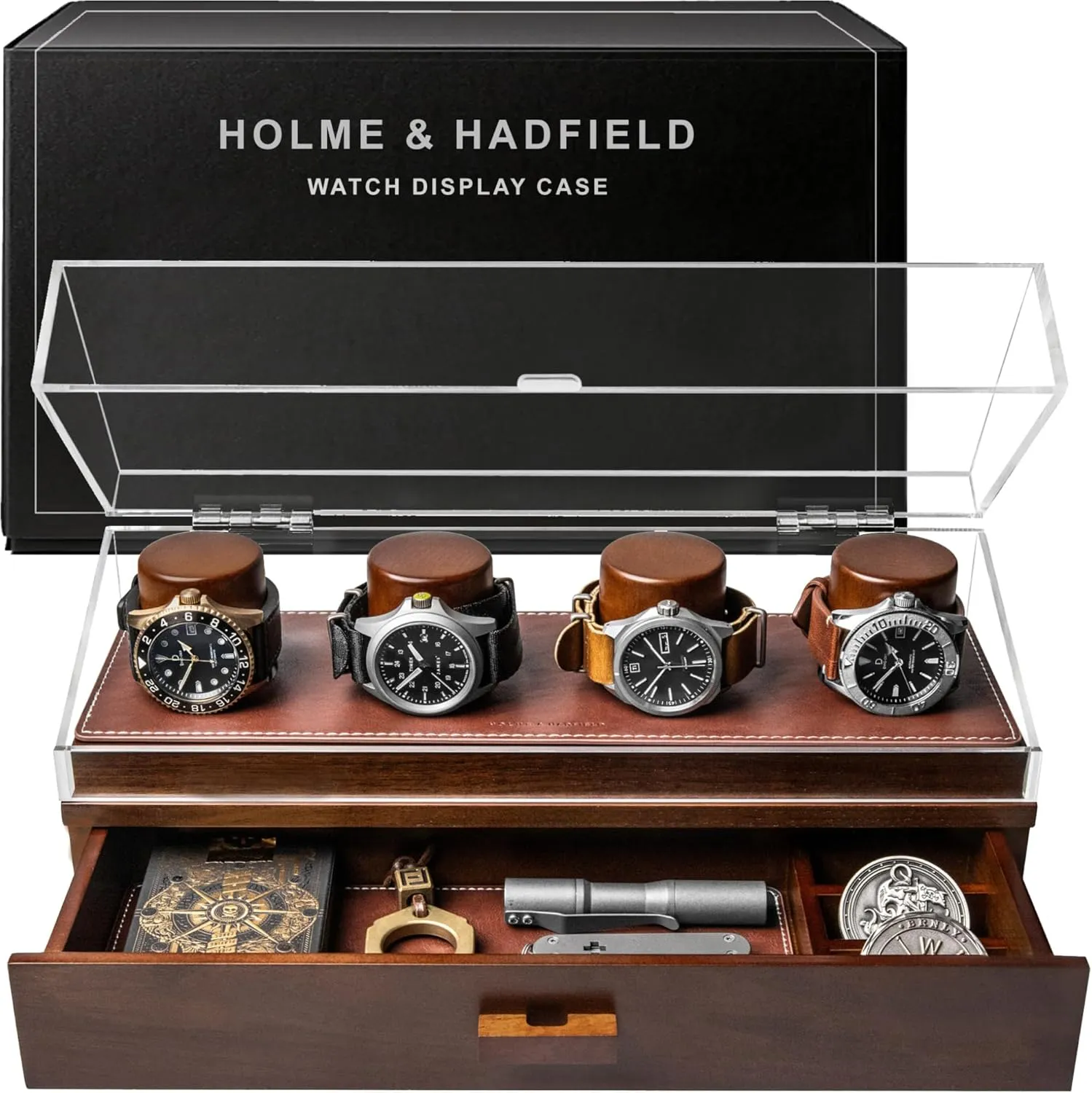 Holme & Hadfield Premium 4-Slot Wooden Watch Display Case  Handcrafted Mens Watch Box with Accessory Drawer, Hinged Cover, Leather Lining  Birthday Gift for Collectors  Luxury Built to Last