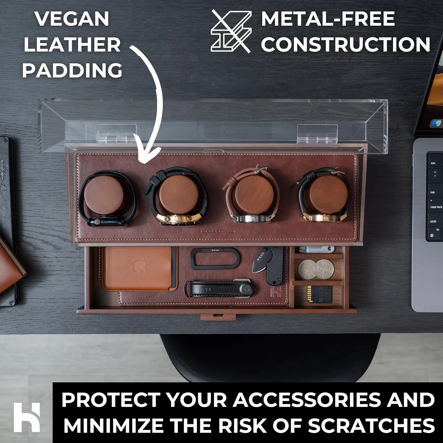 Holme & Hadfield Premium 4-Slot Wooden Watch Display Case  Handcrafted Mens Watch Box with Accessory Drawer, Hinged Cover, Leather Lining  Birthday Gift for Collectors  Luxury Built to Last