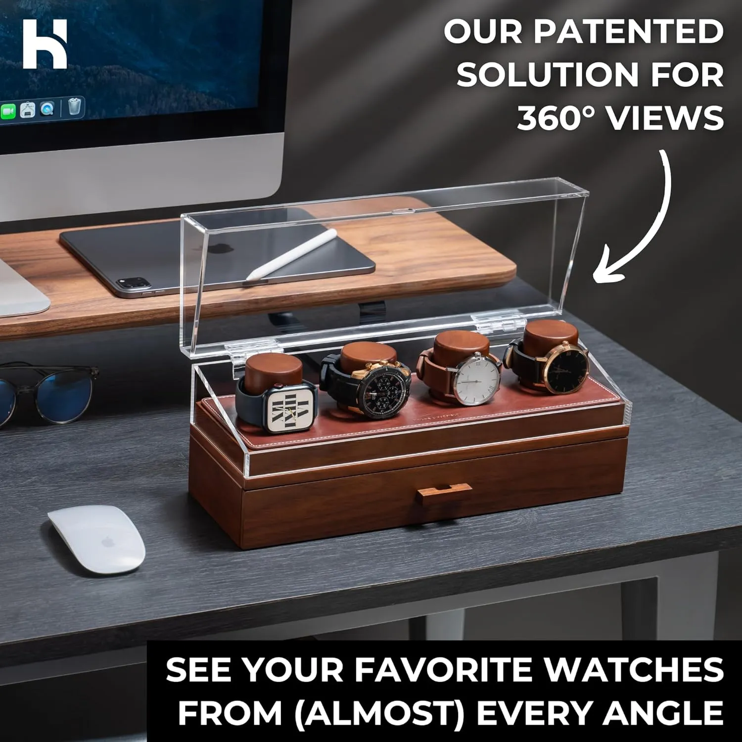 Holme & Hadfield Premium 4-Slot Wooden Watch Display Case  Handcrafted Mens Watch Box with Accessory Drawer, Hinged Cover, Leather Lining  Birthday Gift for Collectors  Luxury Built to Last