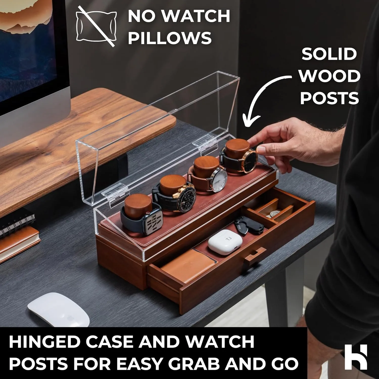 Holme & Hadfield Premium 4-Slot Wooden Watch Display Case  Handcrafted Mens Watch Box with Accessory Drawer, Hinged Cover, Leather Lining  Birthday Gift for Collectors  Luxury Built to Last