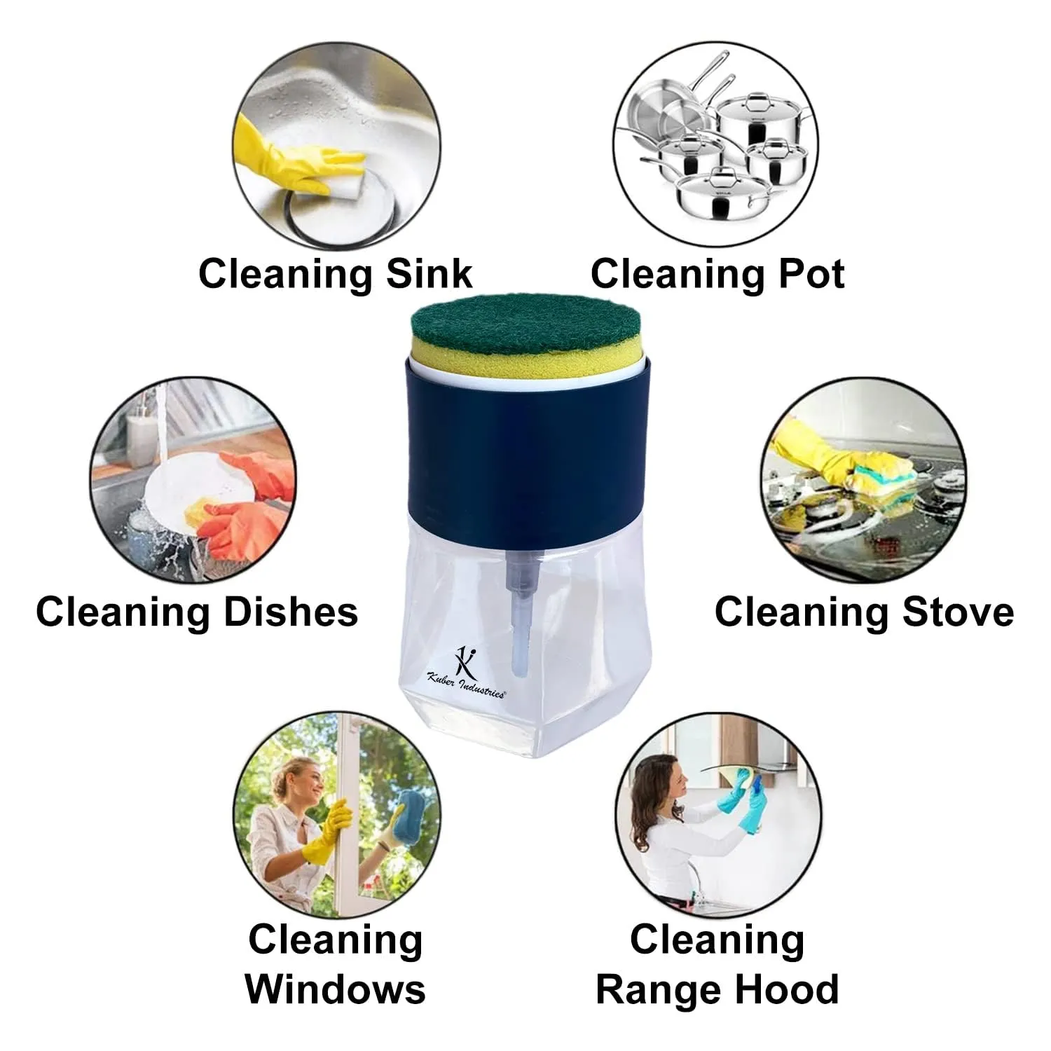 Homestic Round Pack of 5 Liquid Soap Dispenser for Kitchen | with Pump and 2 Sponge Scrubs | Plastic, Lightweight & Durable | Multipurpose Use, Ergonomic Design & Easy to Clean | Blue