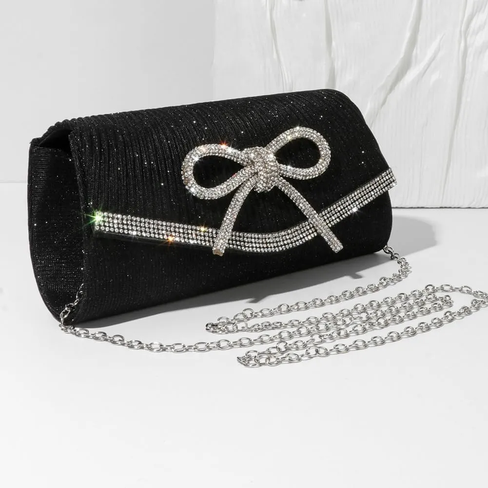 Hycurey Bow-Tie Evening Bag Glitter Rhinestones Dressy Clutch Purses Elegant Handbags for Wedding Party with Chain Strap