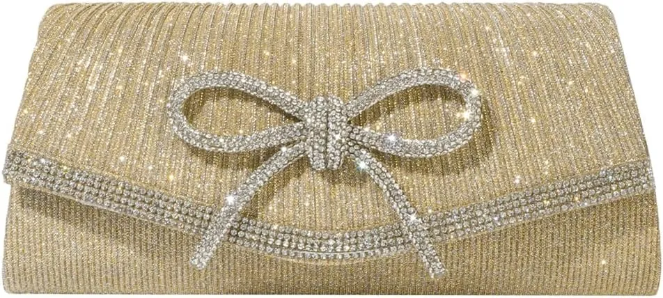 Hycurey Bow-Tie Evening Bag Glitter Rhinestones Dressy Clutch Purses Elegant Handbags for Wedding Party with Chain Strap