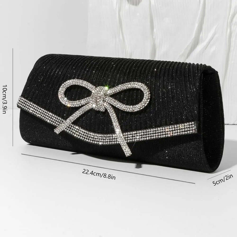 Hycurey Bow-Tie Evening Bag Glitter Rhinestones Dressy Clutch Purses Elegant Handbags for Wedding Party with Chain Strap