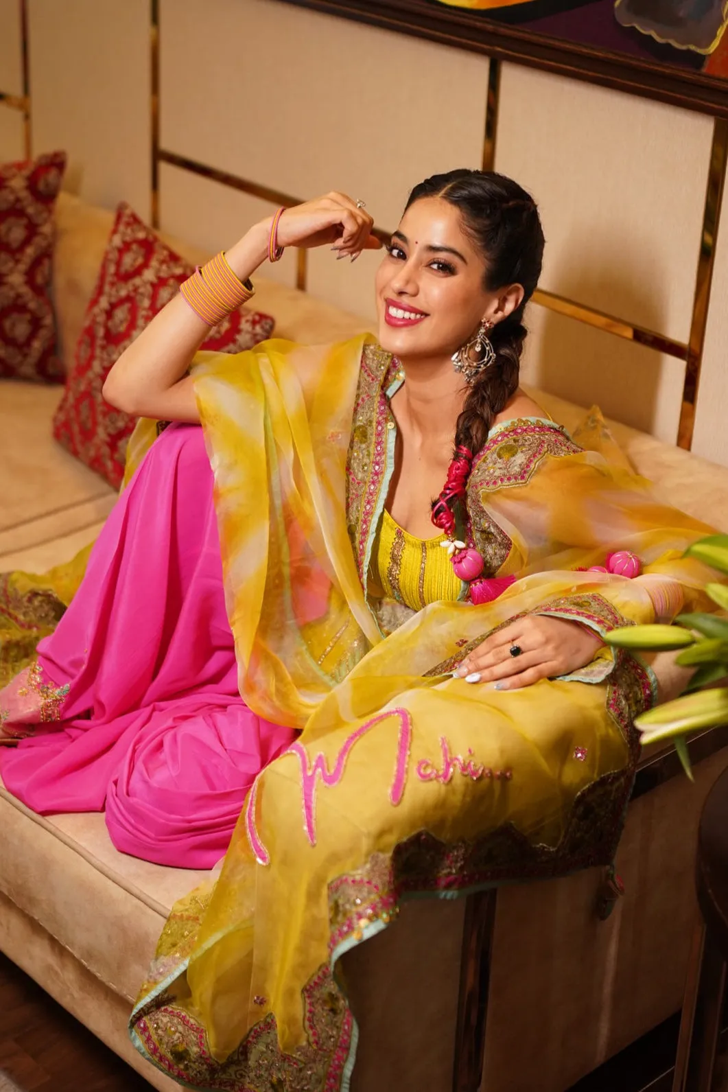 Janhvi Kapoor Bright Lime Short Sequins KurtiSet