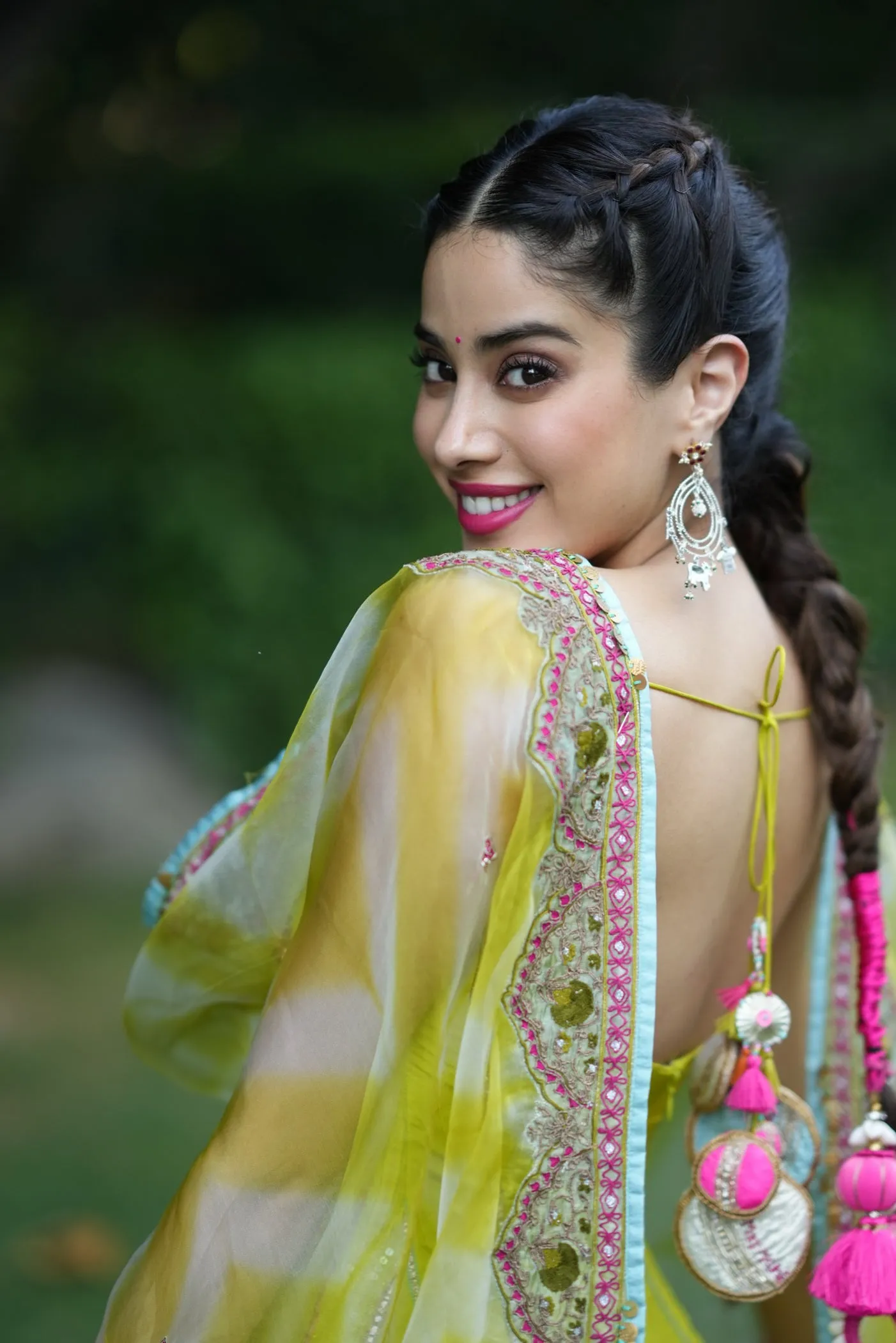 Janhvi Kapoor Bright Lime Short Sequins KurtiSet