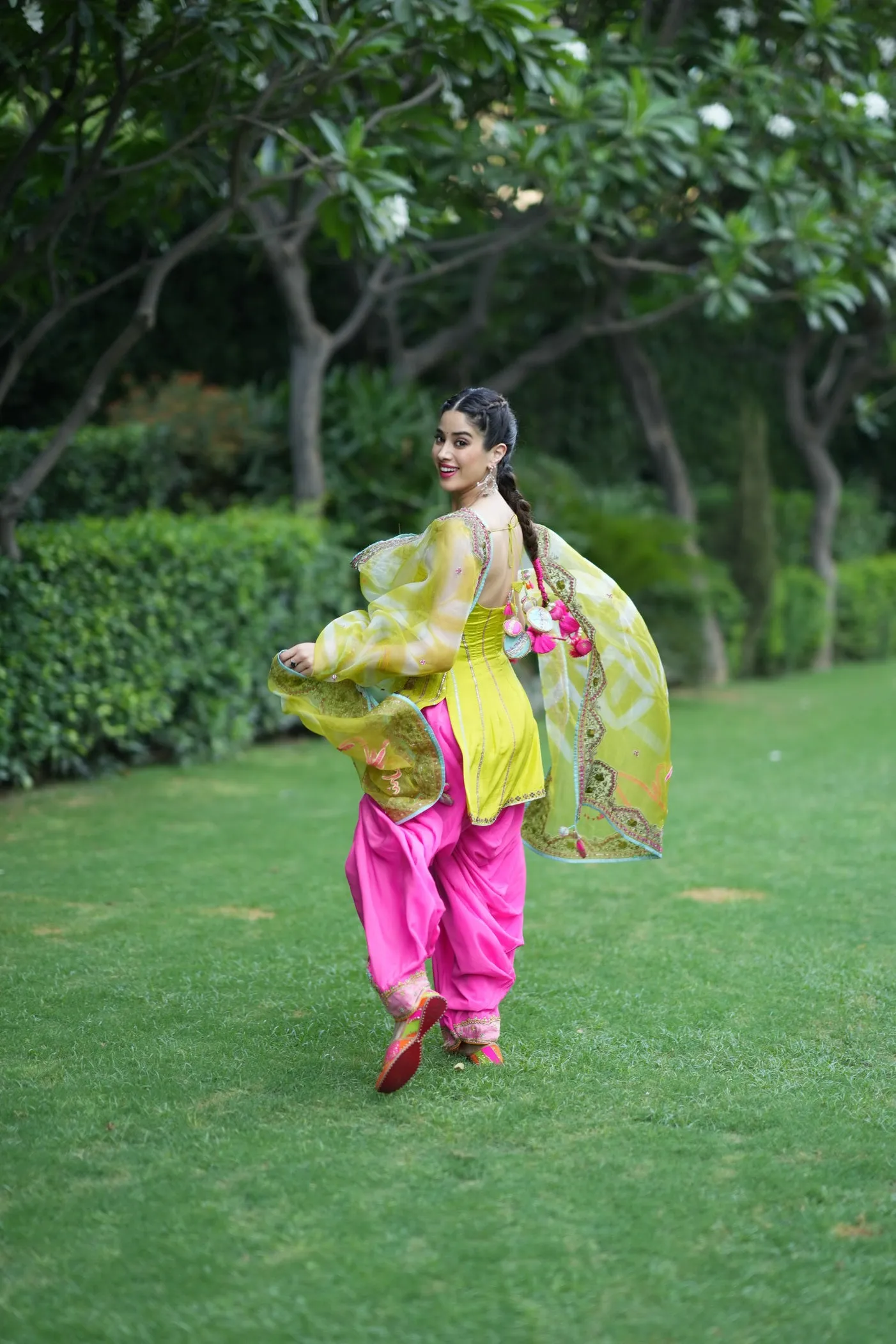 Janhvi Kapoor Bright Lime Short Sequins KurtiSet