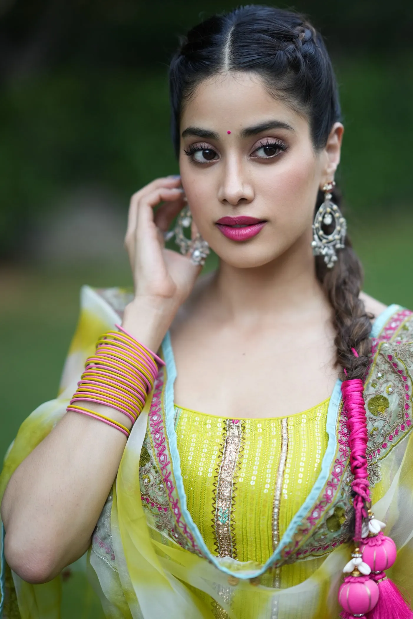 Janhvi Kapoor Bright Lime Short Sequins KurtiSet