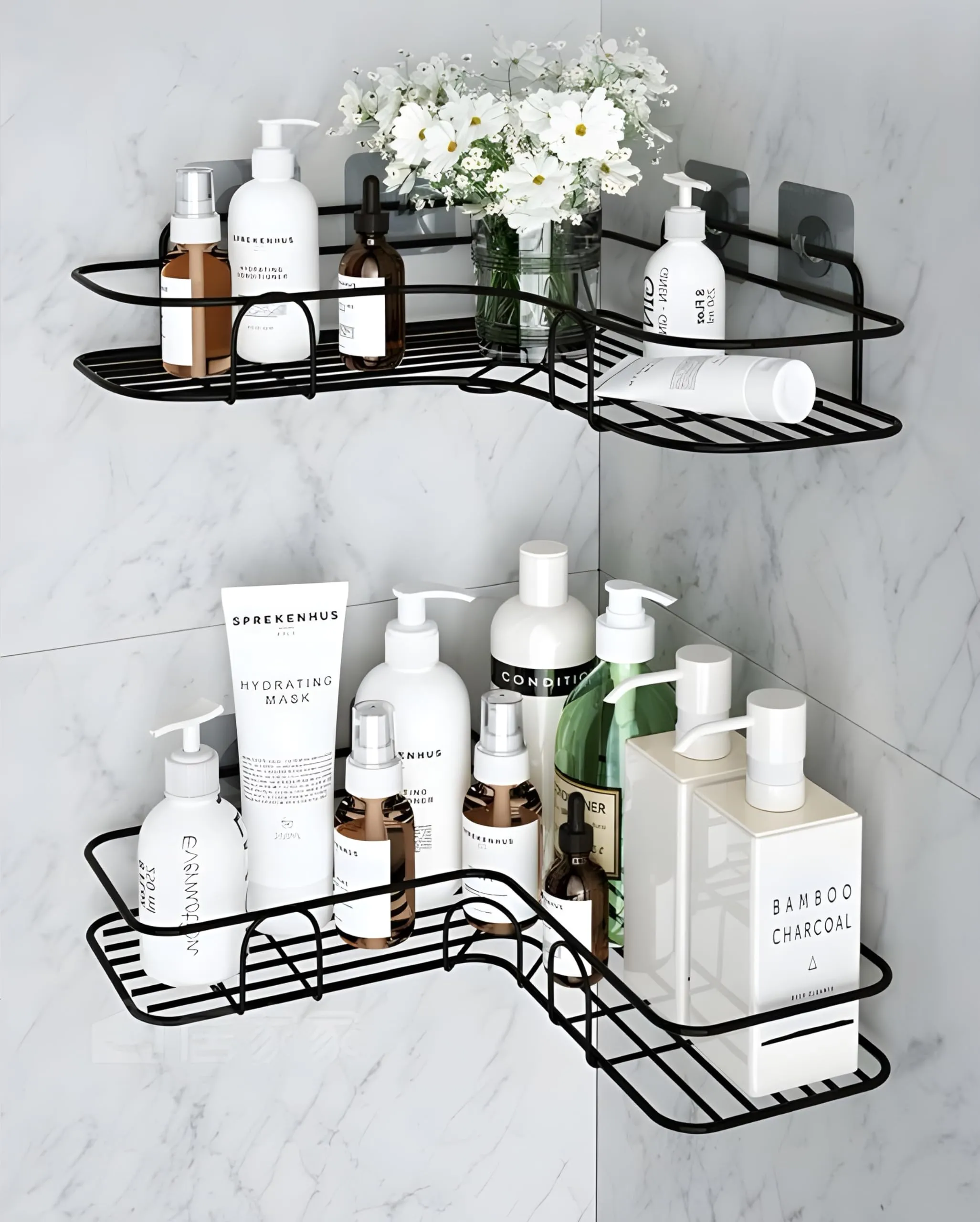 JIALTO Bathroom Accessories 2 Pcs Set of Bathroom Shelf for Wall and Corner Shelf, Ideal Bathroom Organiser for Maximizing Space (Black)