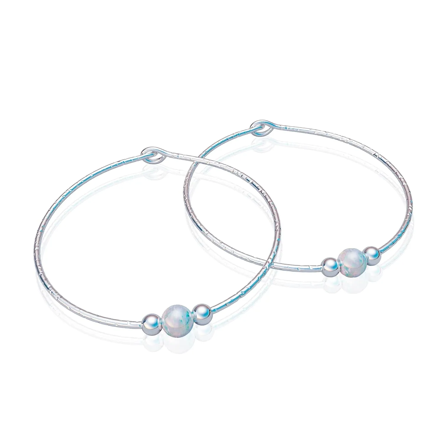 Jolliz Earrings with Opal (Hammered Silver with White Opal) - 925 Sterling Silver Ear Hoops - Opal Earrings for Women