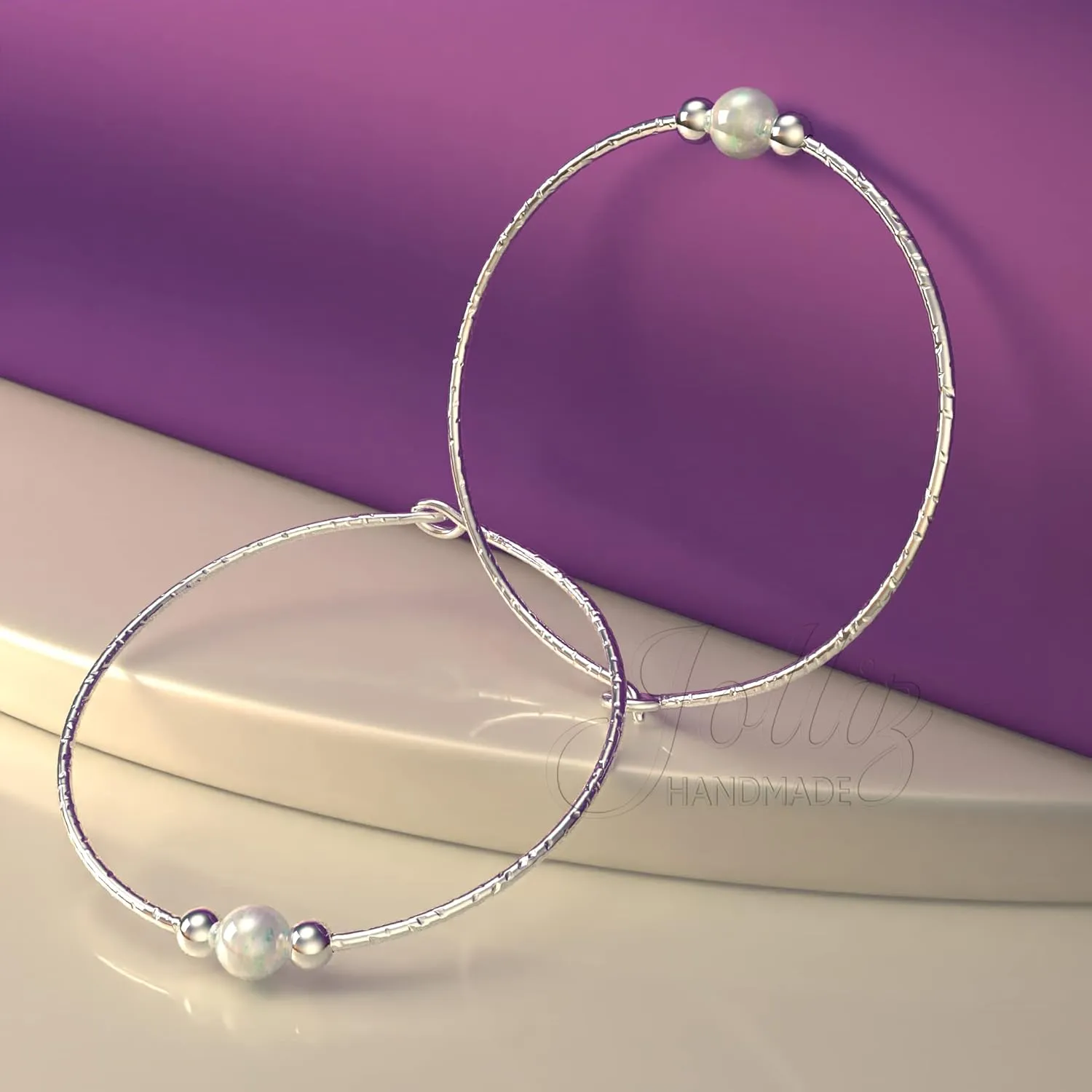 Jolliz Earrings with Opal (Hammered Silver with White Opal) - 925 Sterling Silver Ear Hoops - Opal Earrings for Women