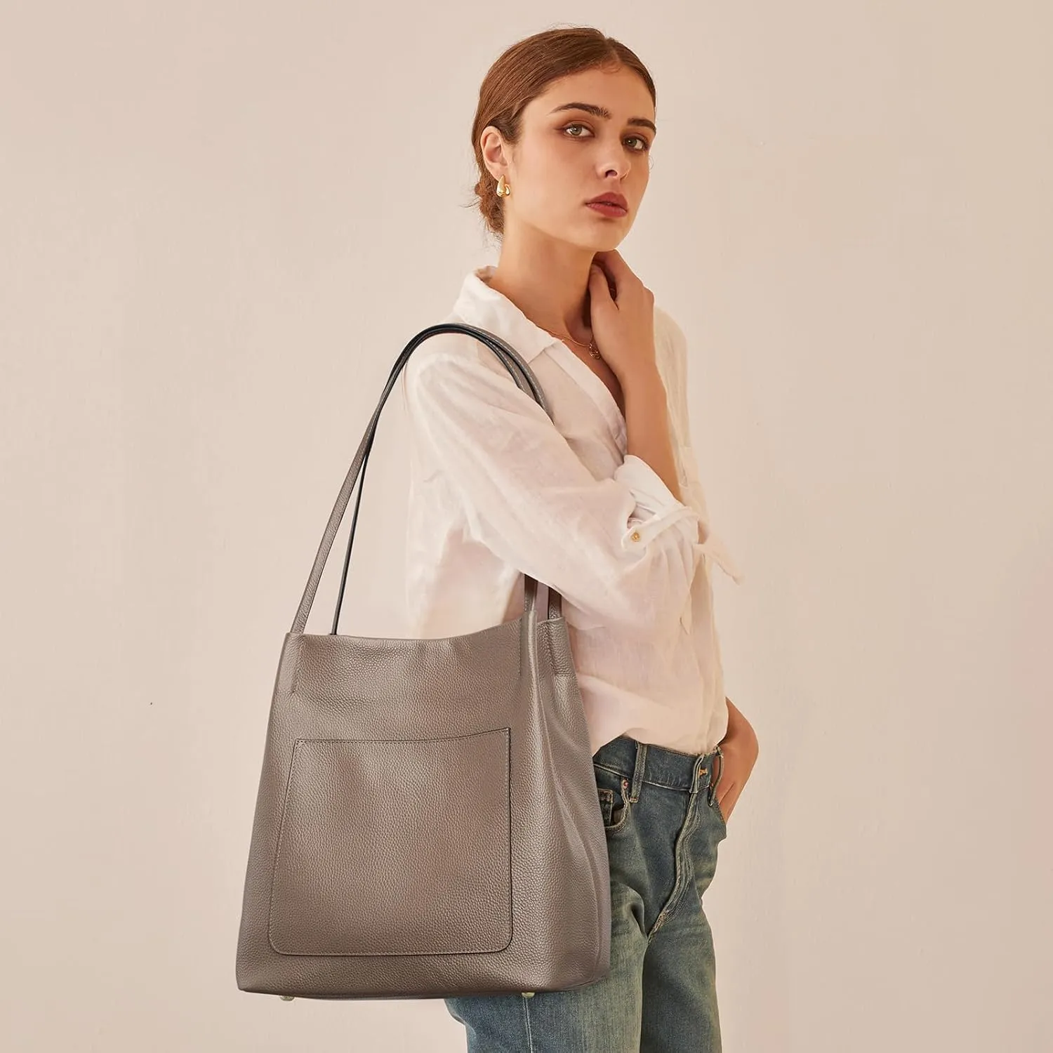 Kattee Leather Shoulder Tote Bags for Women, Soft Purses and Handbags with Top Magnetic Snap Closure