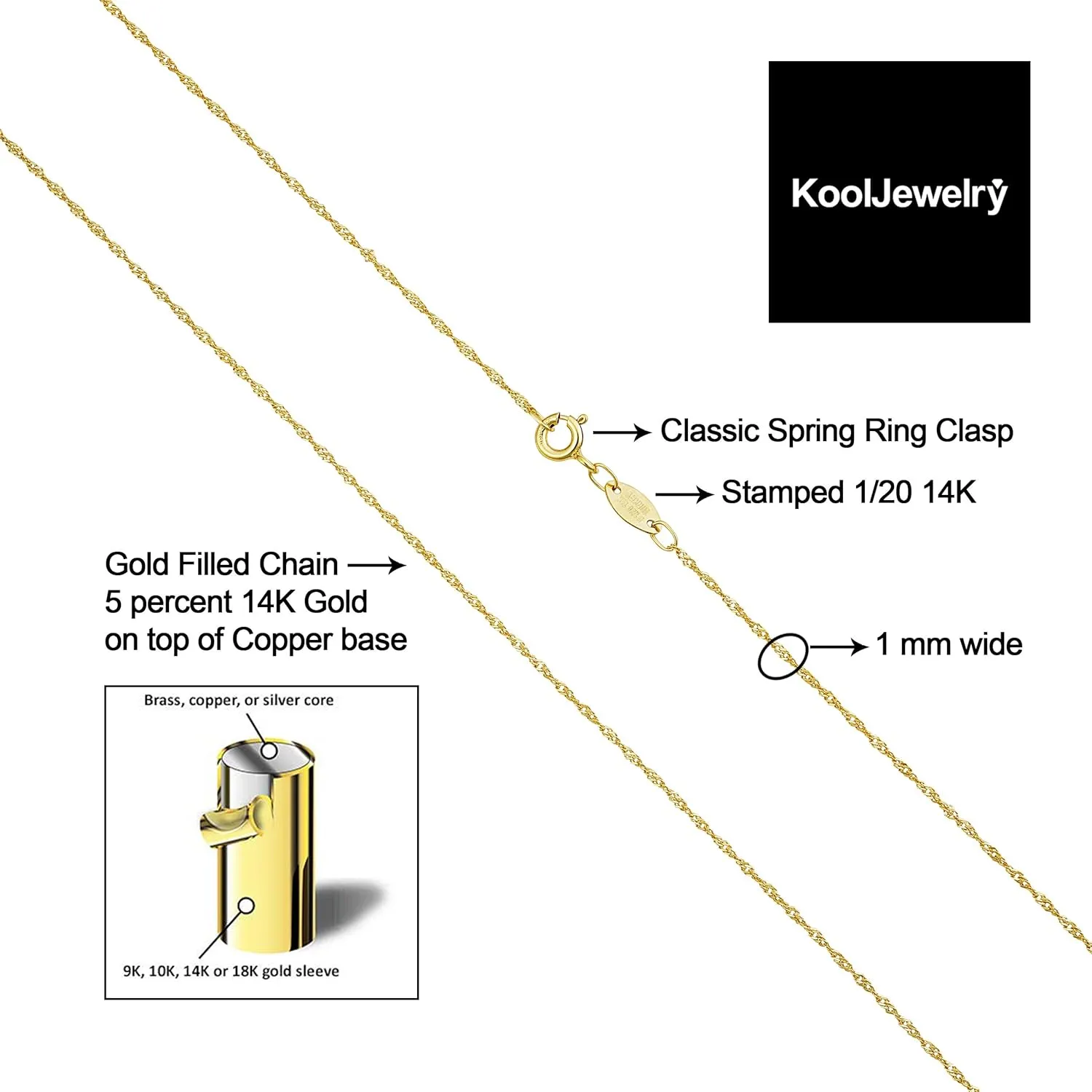 Kooljewelry 14k Yellow Gold Filled Or White Gold Filled Singapore Chain Necklace For Women And Men (1mm, 1.4mm, 1.7mm or 2mm - sizes from 14 to 30 inch long)