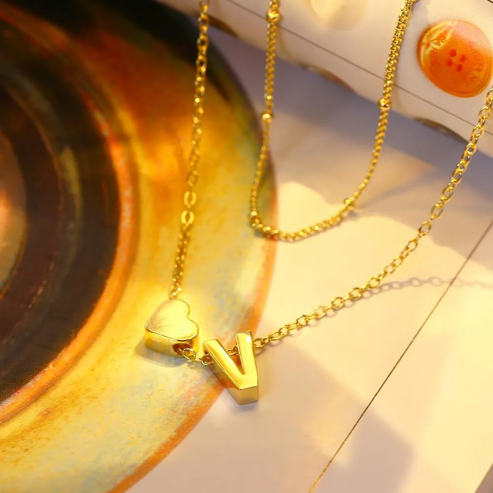 Krfy Gold Layered Initial Heart Necklace - Dainty 14K Gold Plated Tiny Letter Heart Personalized Monogram Name Necklaces for Women Trendy Gold Necklace Jewelry