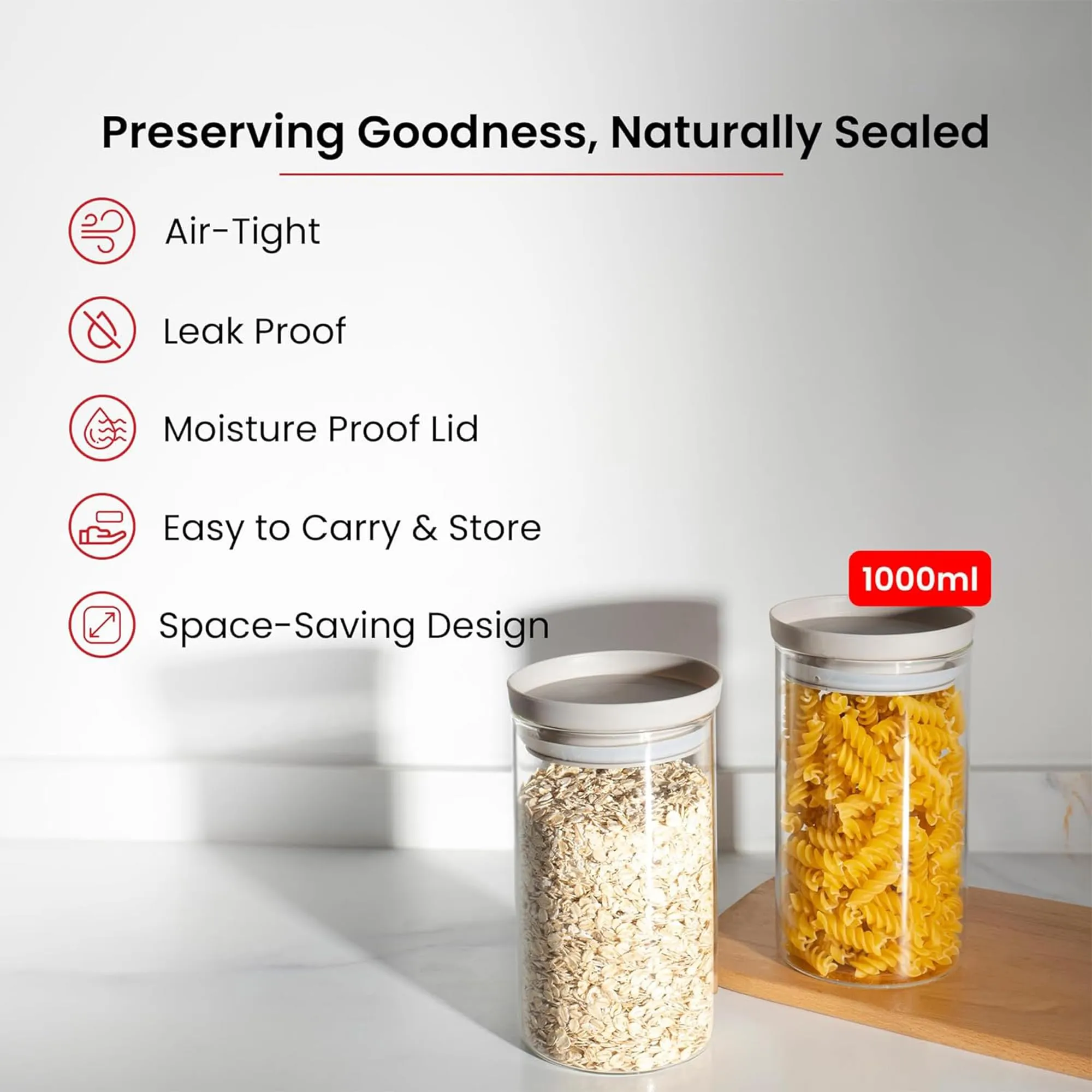 Kuber Industries Set of 2 Borosilicate Galss 1L Food Storage Jar Kitchen Containers Set with PP Lid | Multipurpose Dal & Pulses Storage Canisters Box for Kitchen Organizers | Transparent