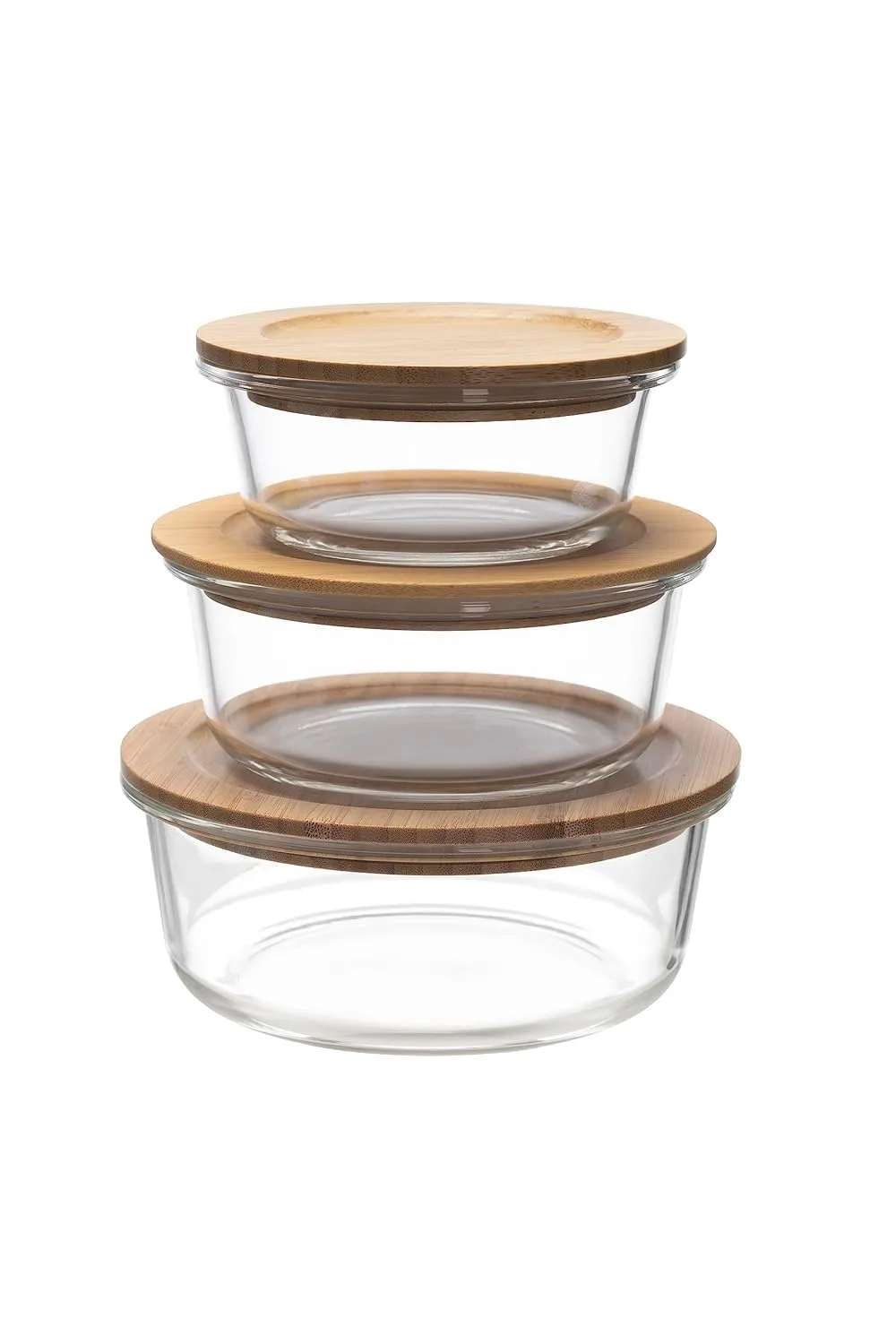 Kuber Industries Set of 3 Borosilicate Galss 950ml, 650ml, 400ml Round Food Kitchen Containers Set with Bamboo Lid | Multipurpose Storage Box for Fridge Organizers | LB301RD-Transparent