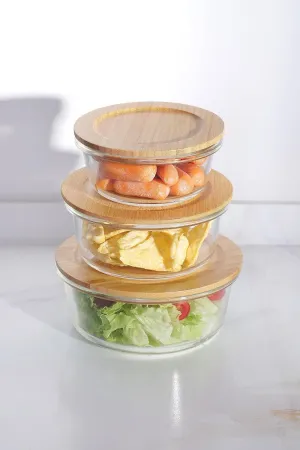 Kuber Industries Set of 3 Borosilicate Galss 950ml, 650ml, 400ml Round Food Kitchen Containers Set with Bamboo Lid | Multipurpose Storage Box for Fridge Organizers | LB301RD-Transparent