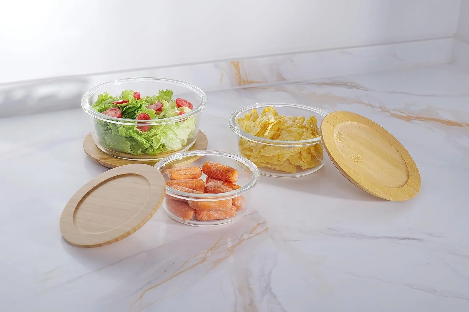 Kuber Industries Set of 3 Borosilicate Galss 950ml, 650ml, 400ml Round Food Kitchen Containers Set with Bamboo Lid | Multipurpose Storage Box for Fridge Organizers | LB301RD-Transparent