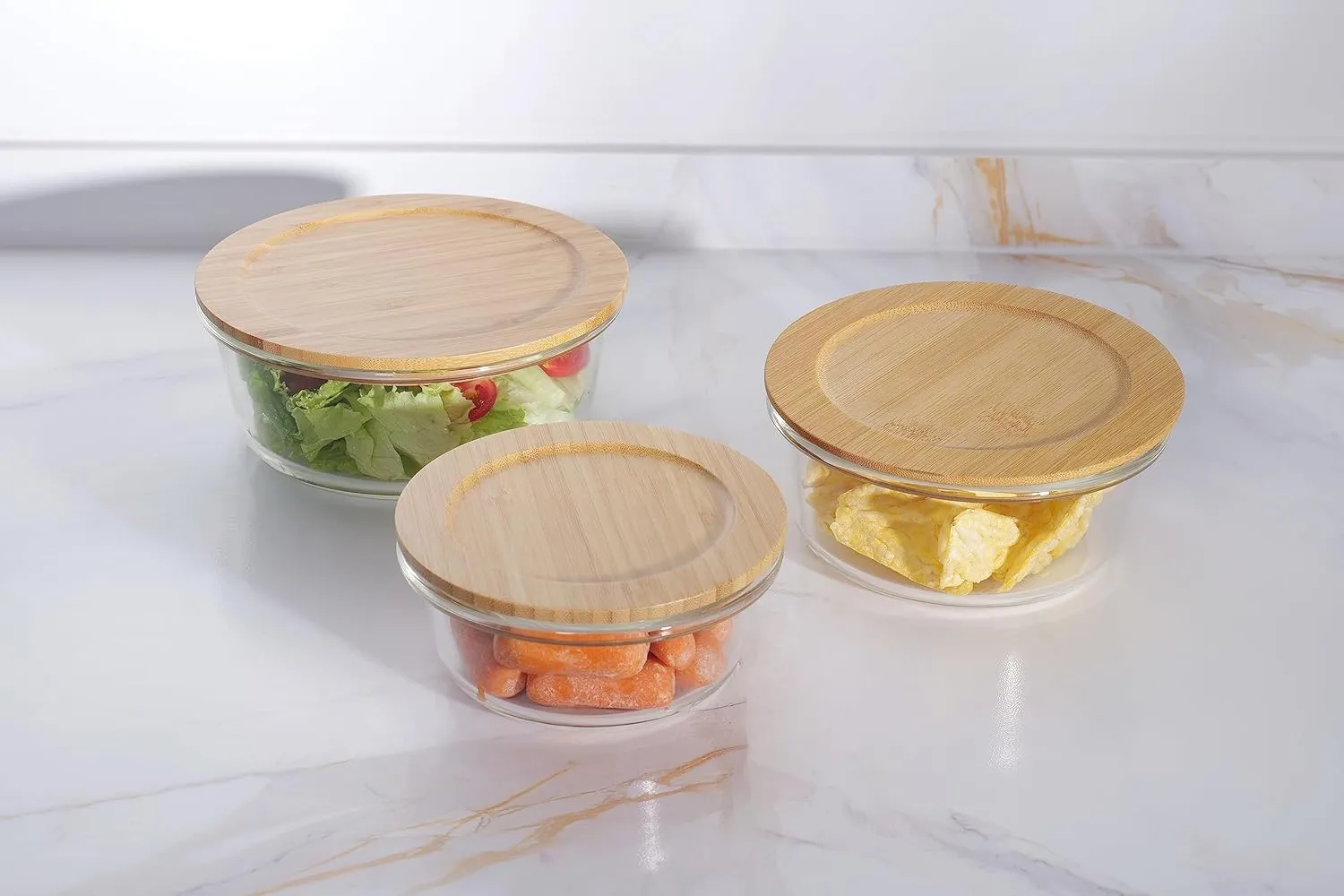 Kuber Industries Set of 3 Borosilicate Galss 950ml, 650ml, 400ml Round Food Kitchen Containers Set with Bamboo Lid | Multipurpose Storage Box for Fridge Organizers | LB301RD-Transparent
