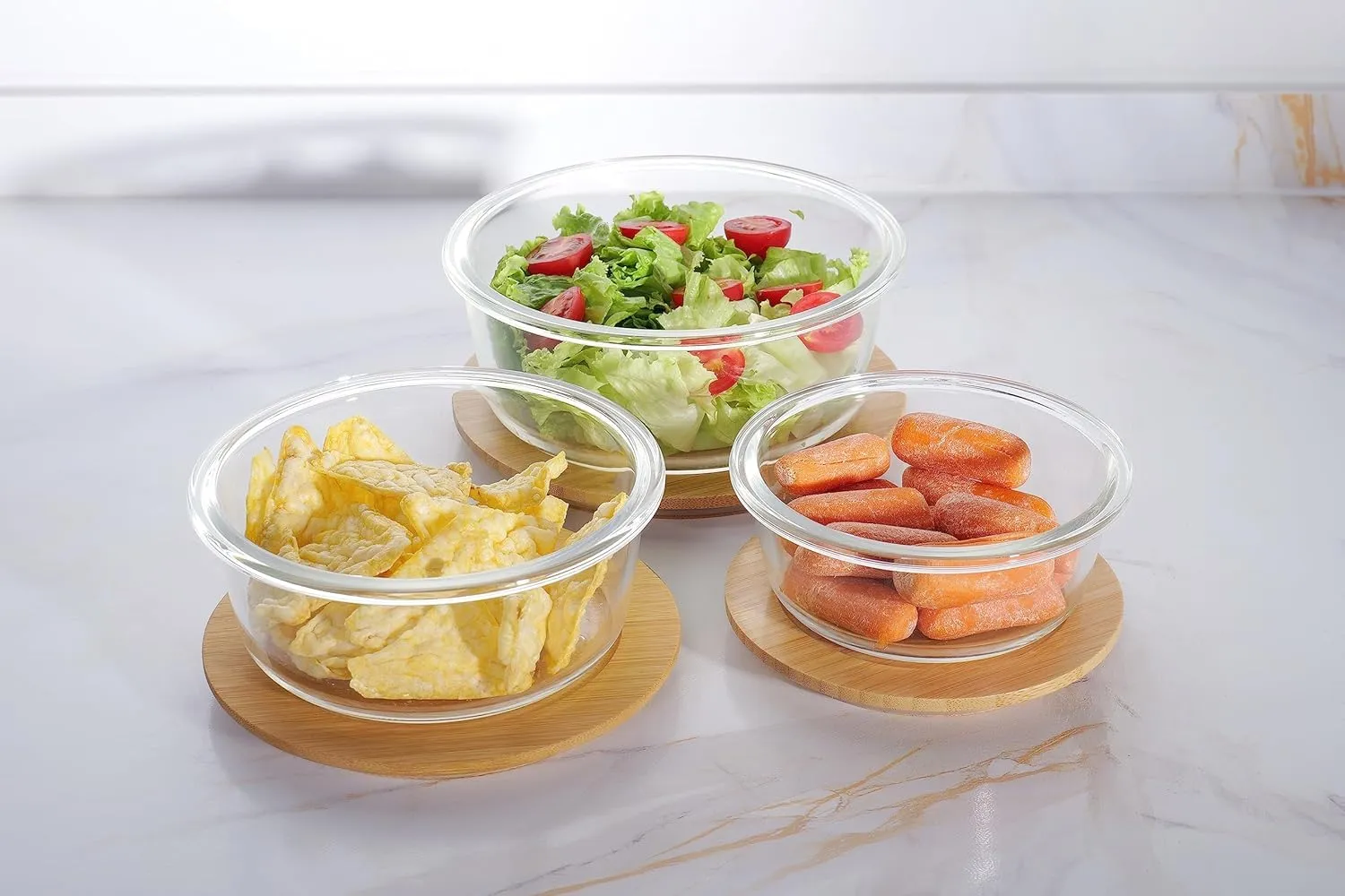 Kuber Industries Set of 3 Borosilicate Galss 950ml, 650ml, 400ml Round Food Kitchen Containers Set with Bamboo Lid | Multipurpose Storage Box for Fridge Organizers | LB301RD-Transparent