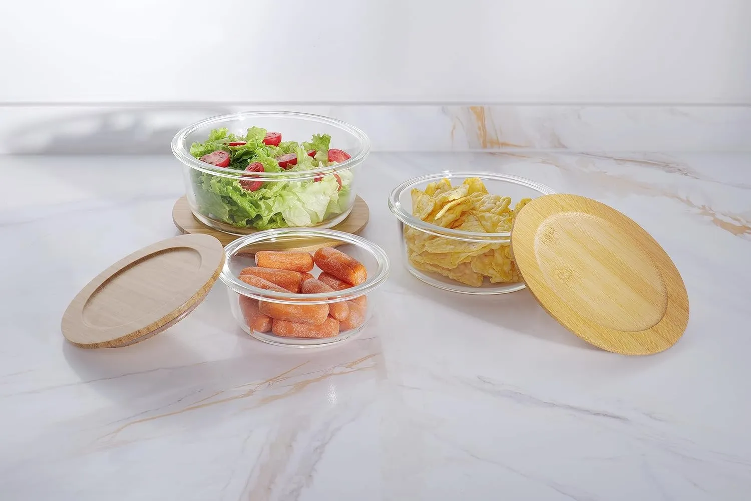 Kuber Industries Set of 3 Borosilicate Galss 950ml, 650ml, 400ml Round Food Kitchen Containers Set with Bamboo Lid | Multipurpose Storage Box for Fridge Organizers | LB301RD-Transparent