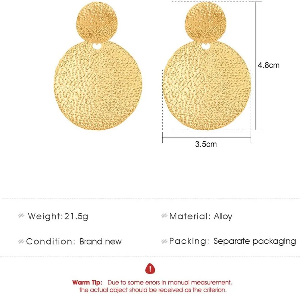 Large Gold Plated Big Disc Drop Earrings,Round Dangle Earrings,Texture Hammered Earrings for Women,Statement Fashion Jewelry
