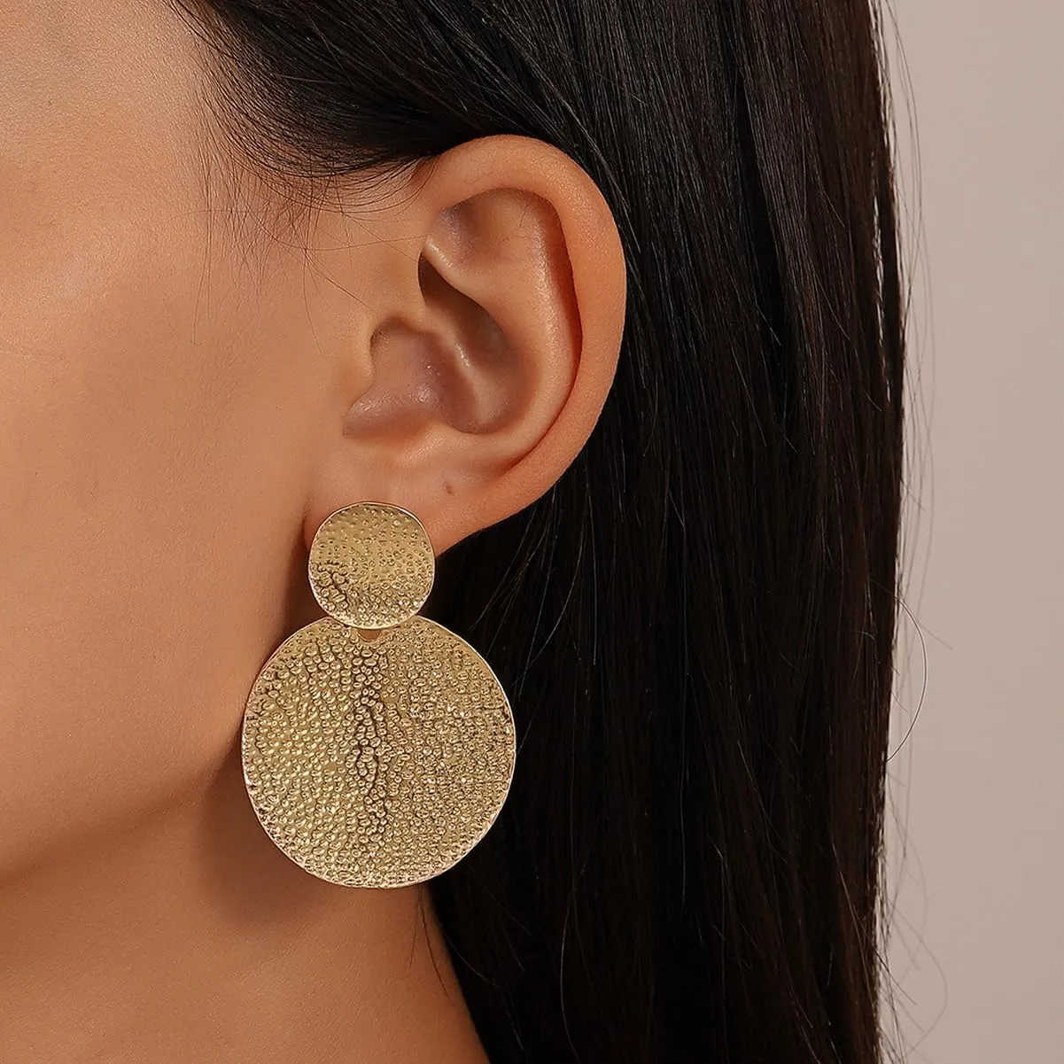Large Gold Plated Big Disc Drop Earrings,Round Dangle Earrings,Texture Hammered Earrings for Women,Statement Fashion Jewelry