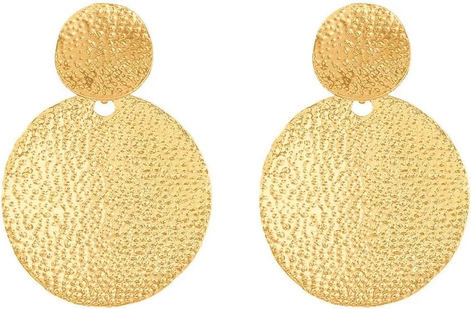 Large Gold Plated Big Disc Drop Earrings,Round Dangle Earrings,Texture Hammered Earrings for Women,Statement Fashion Jewelry