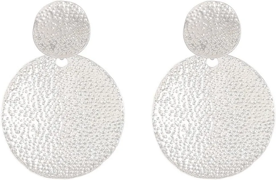Large Gold Plated Big Disc Drop Earrings,Round Dangle Earrings,Texture Hammered Earrings for Women,Statement Fashion Jewelry
