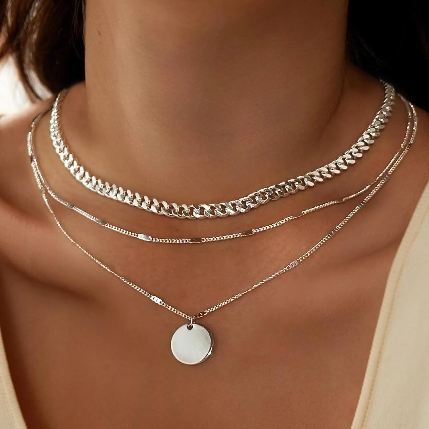 Layered Gold Silver Necklaces for Women, Stackable Stack 14K Real Gold Plated Silver Chain Necklace Diamond Circle CZ Layering Pendant Necklaces Trendy Gold Jewelry Set Gifts