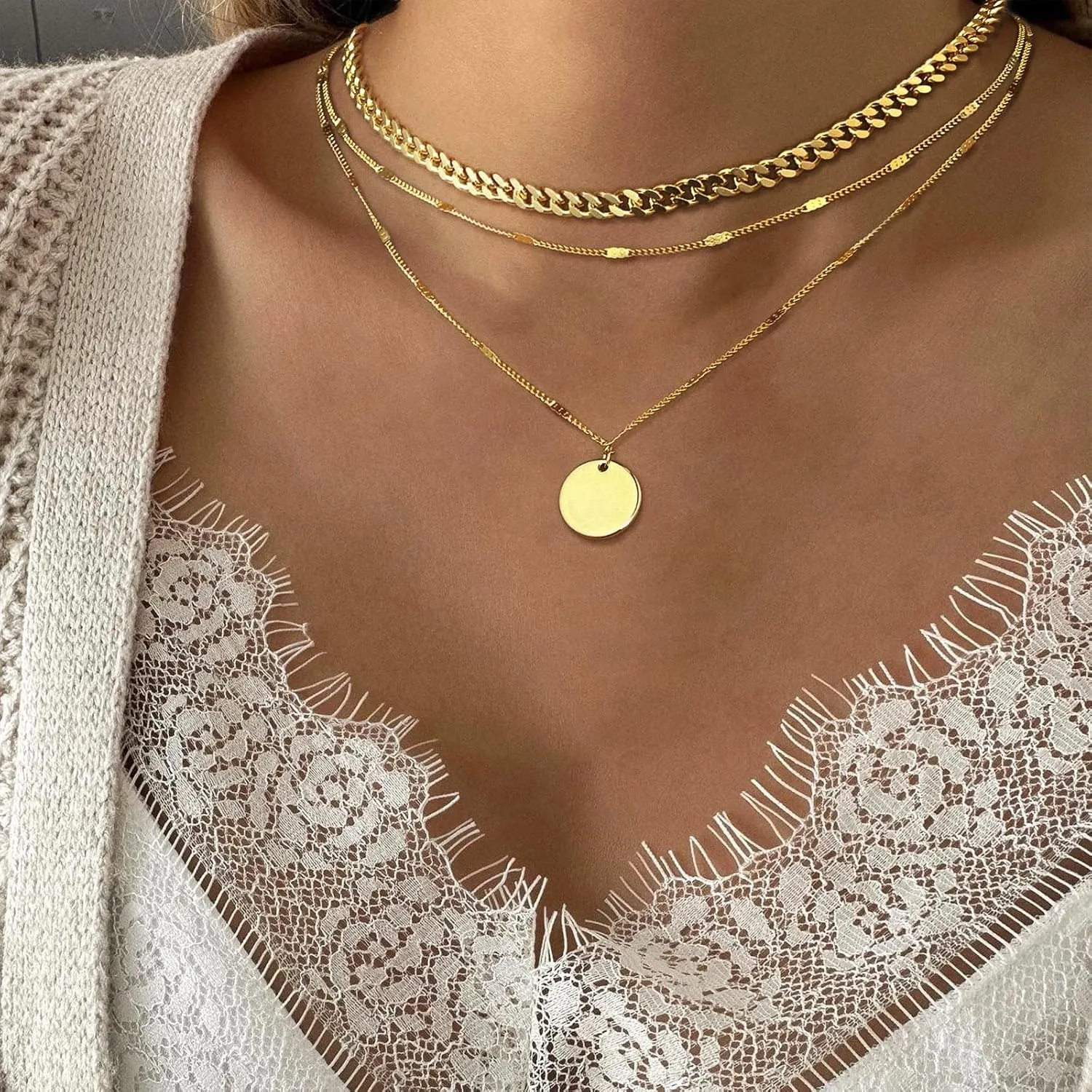 Layered Gold Silver Necklaces for Women, Stackable Stack 14K Real Gold Plated Silver Chain Necklace Diamond Circle CZ Layering Pendant Necklaces Trendy Gold Jewelry Set Gifts