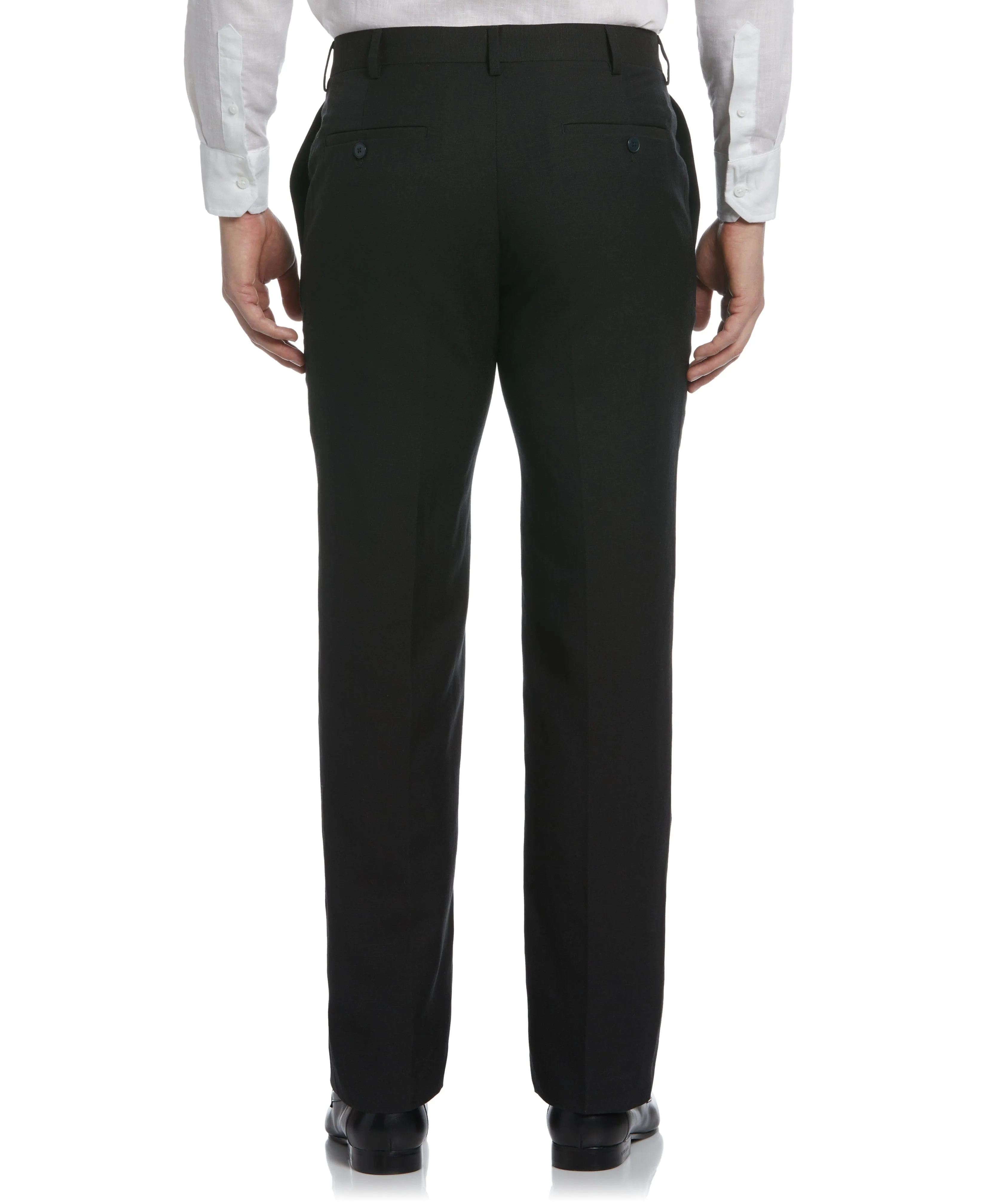 Linen-Blend Flat Front Pants - Black