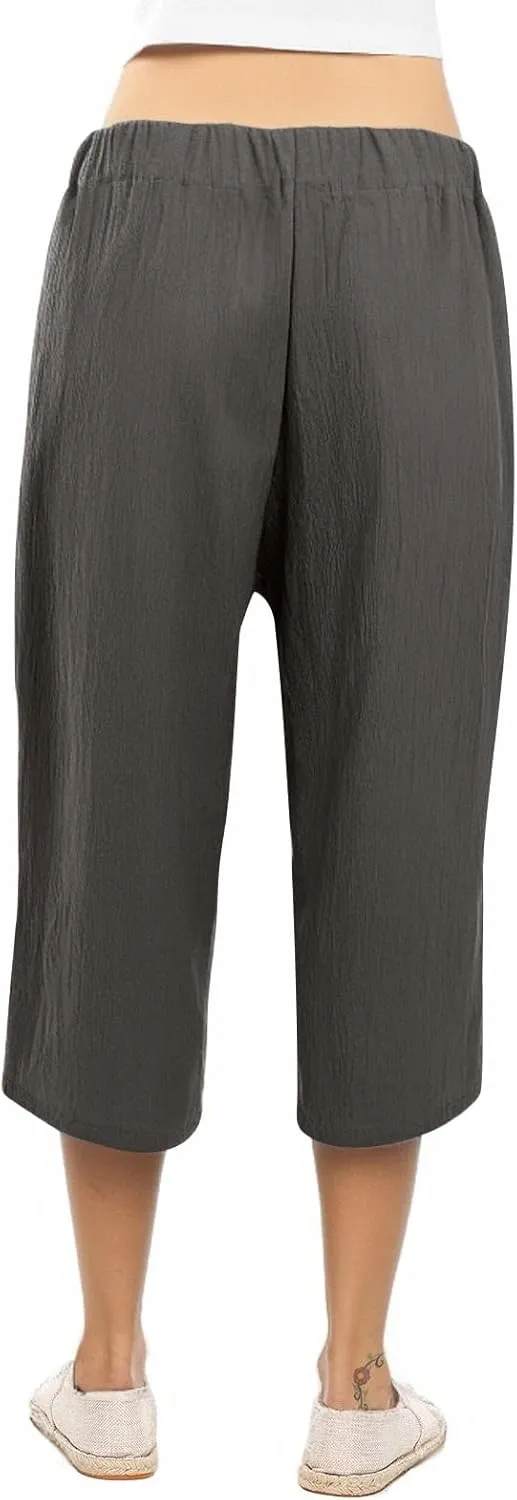 Linen Capri Pants for Women Belt Elastic Waist Plus Size Cropped Wide Leg Pants Loose Crop Beach Pants with Pockets