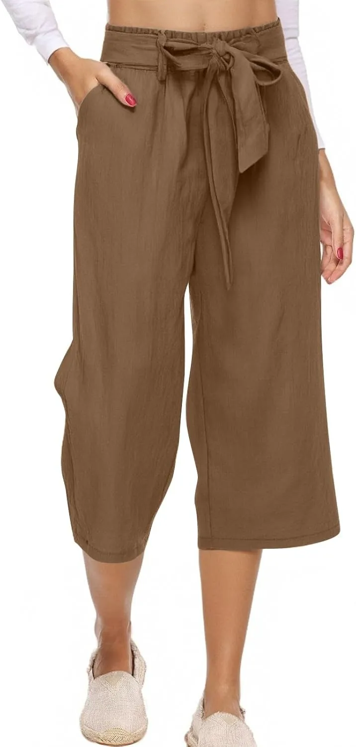 Linen Capri Pants for Women Belt Elastic Waist Plus Size Cropped Wide Leg Pants Loose Crop Beach Pants with Pockets